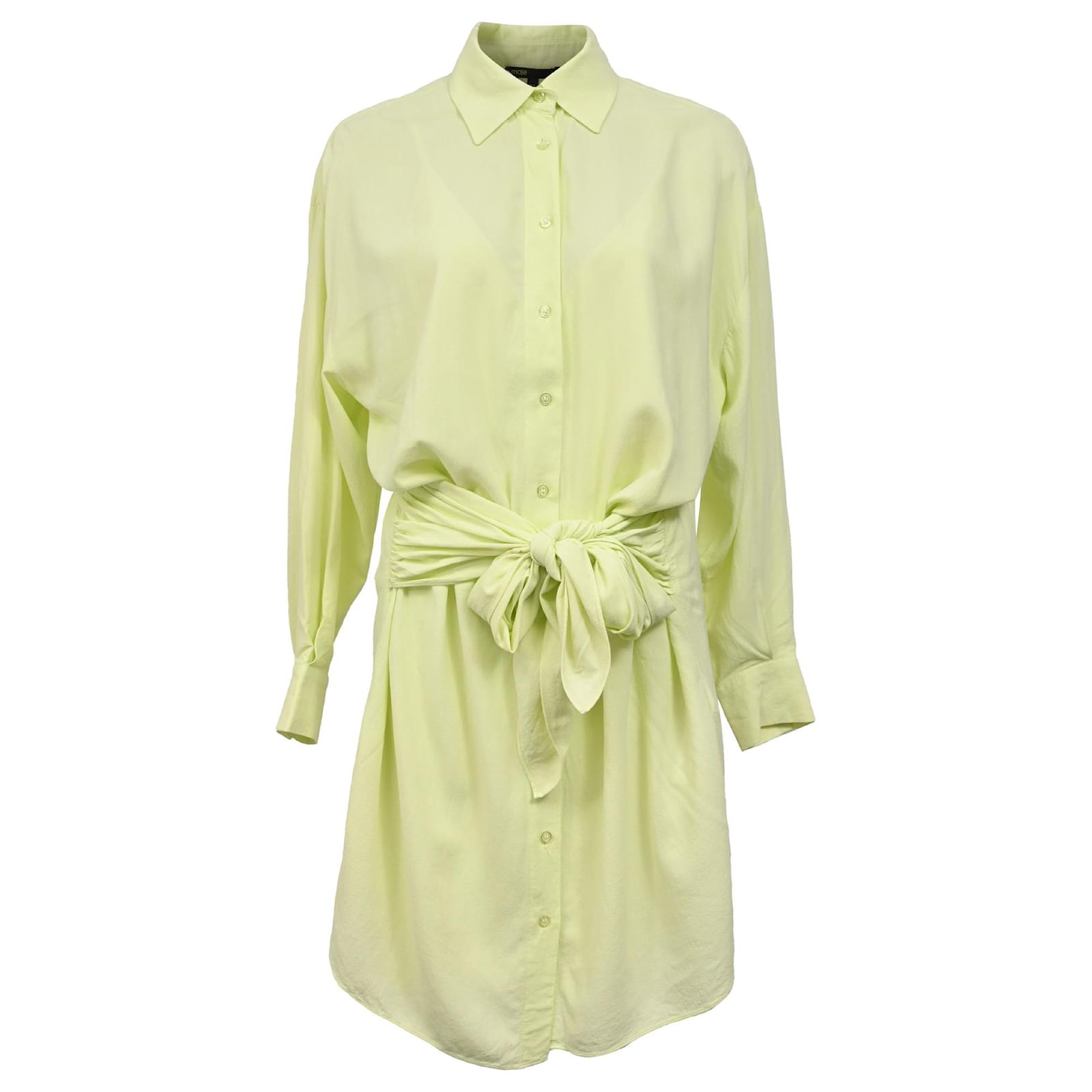 Robe chemise mini drapée nouée en mélange de tissus viscose jaune