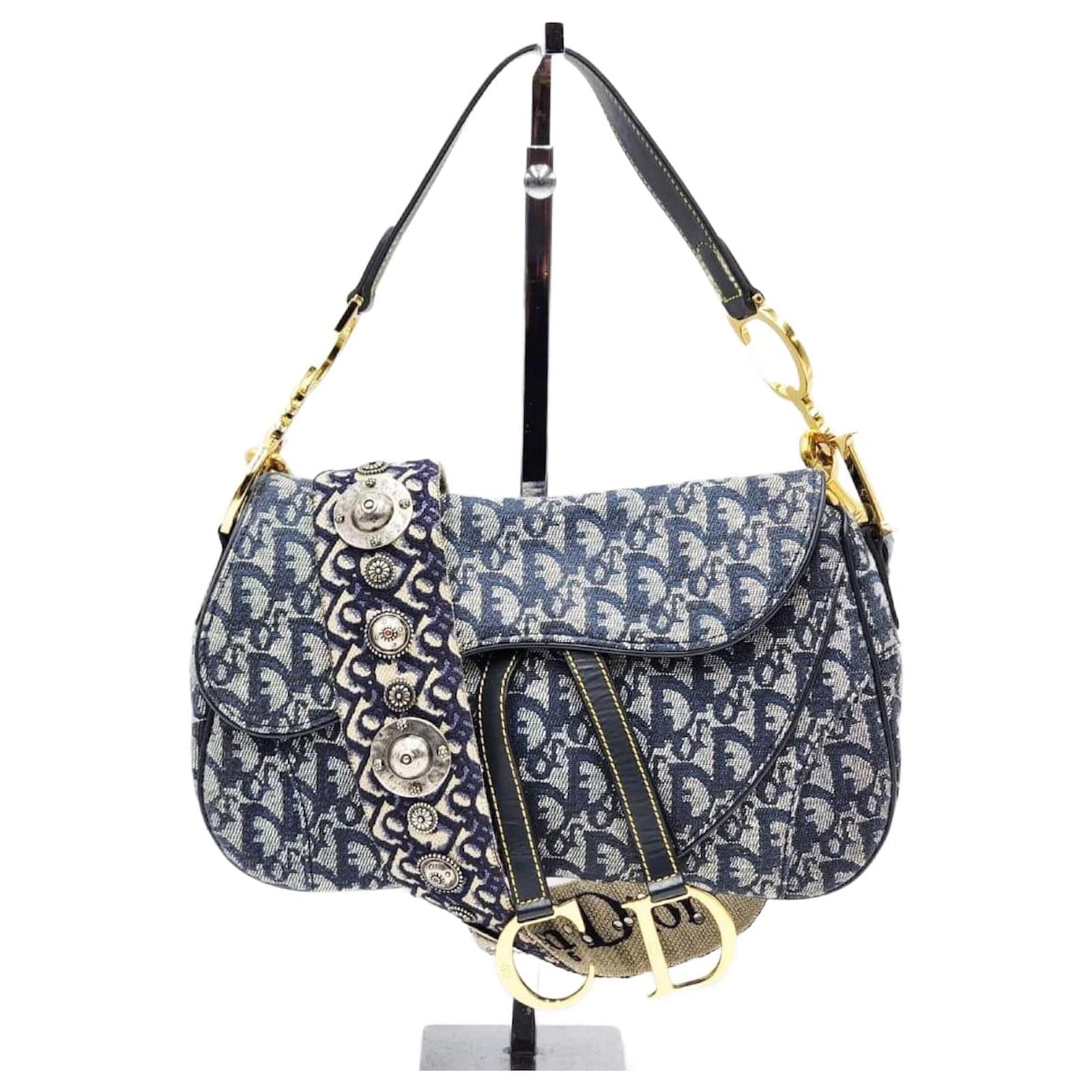 Christian Dior Vintage Trotter Double Saddle Bag Navy blue Cloth