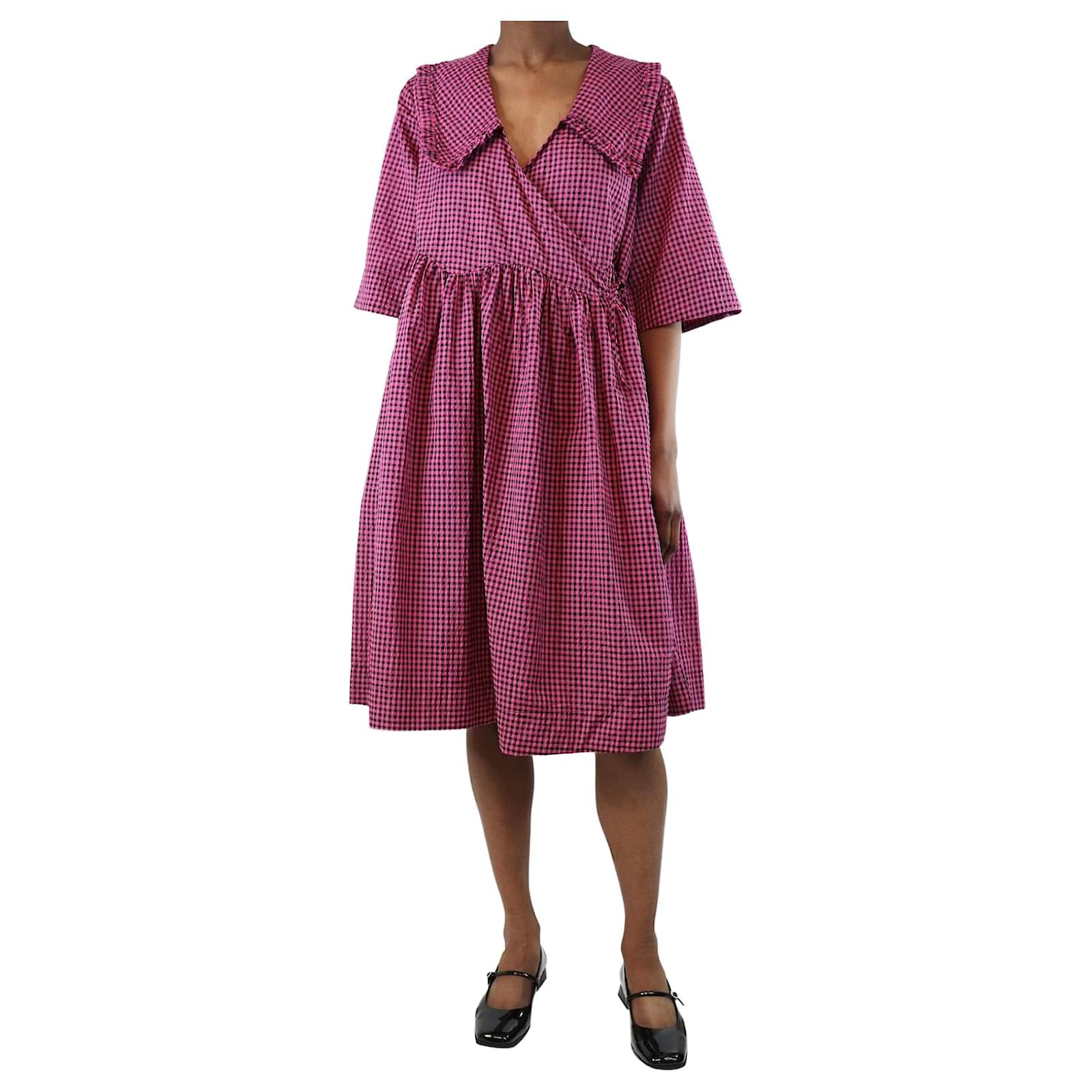 ganni pink gingham dress GANNI Shirred gingham seersucker midi dress