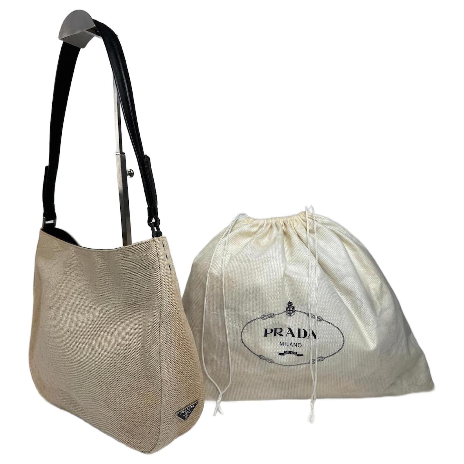 Vintage Prada Cleo Canvas Leather Bag Beige Black Synthetic ref