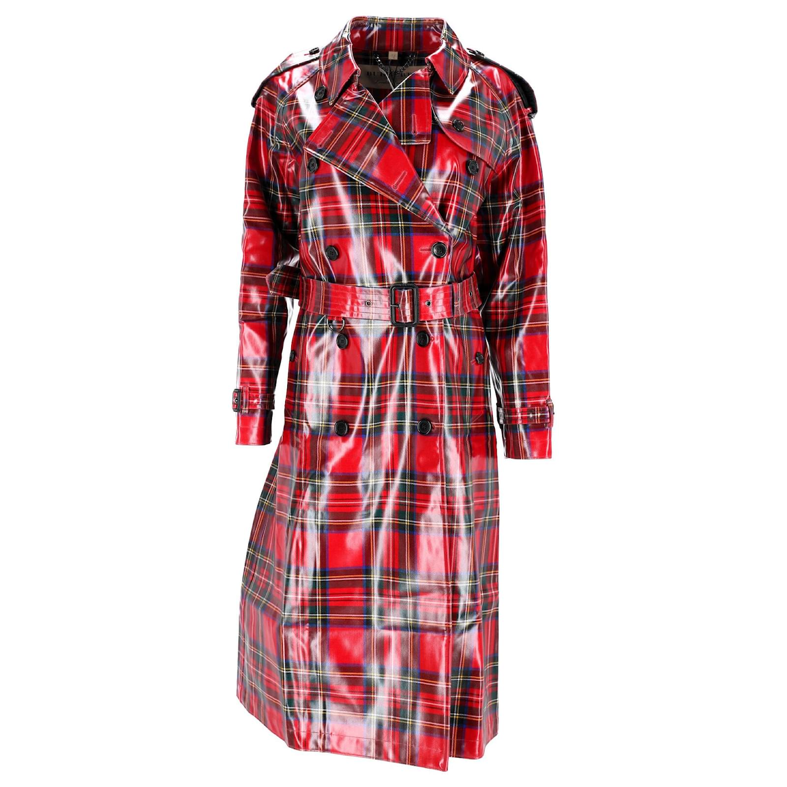 Trench coat doppiopetto in lana rossa lucida con cintura a quadri