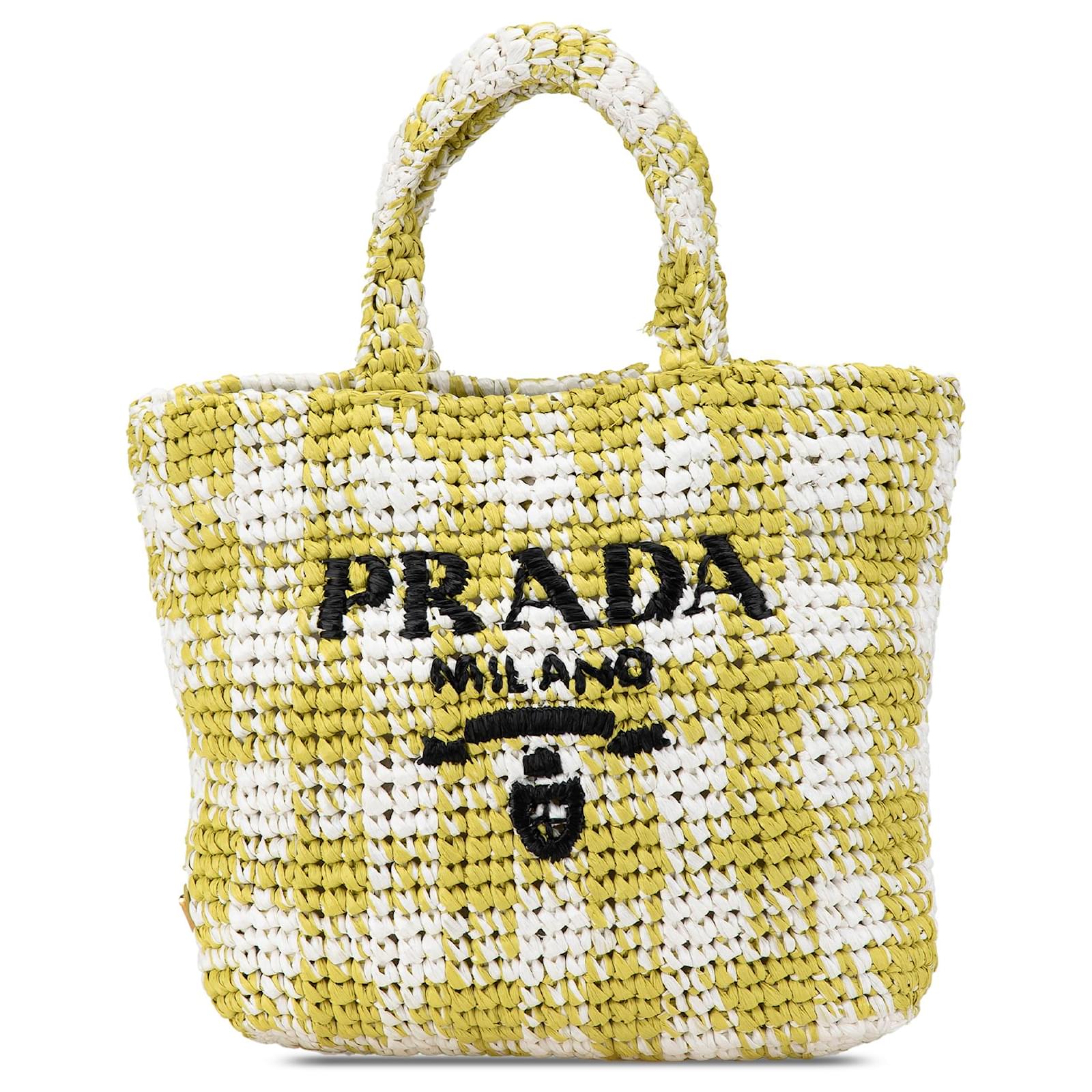 Prada Yellow Small Raffia Effect Crochet Embroidered Logo Tote ref