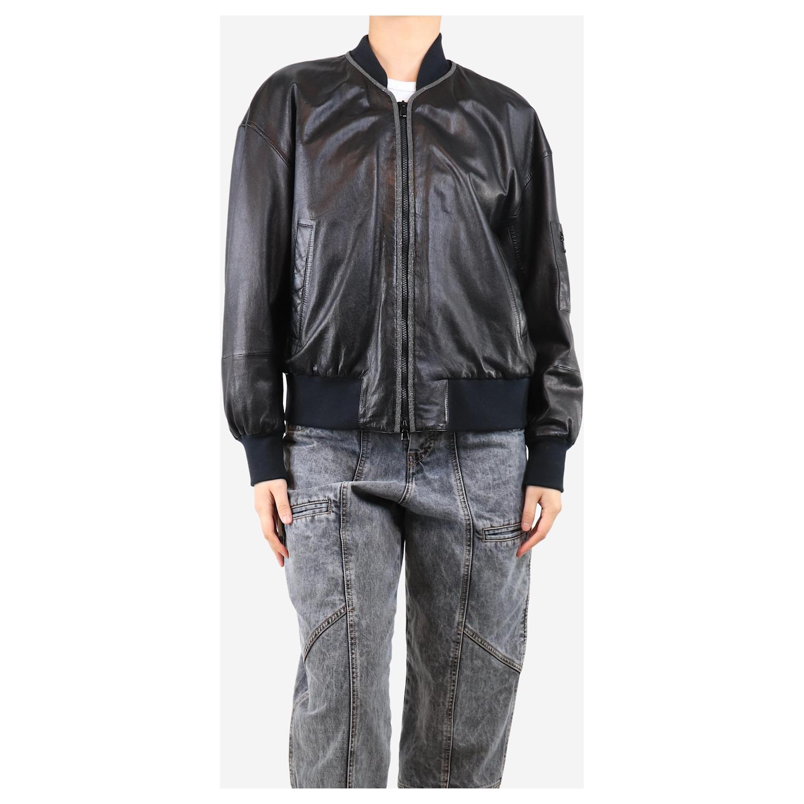 Brunello Cucinelli Black leather bomber jacket - size UK 10