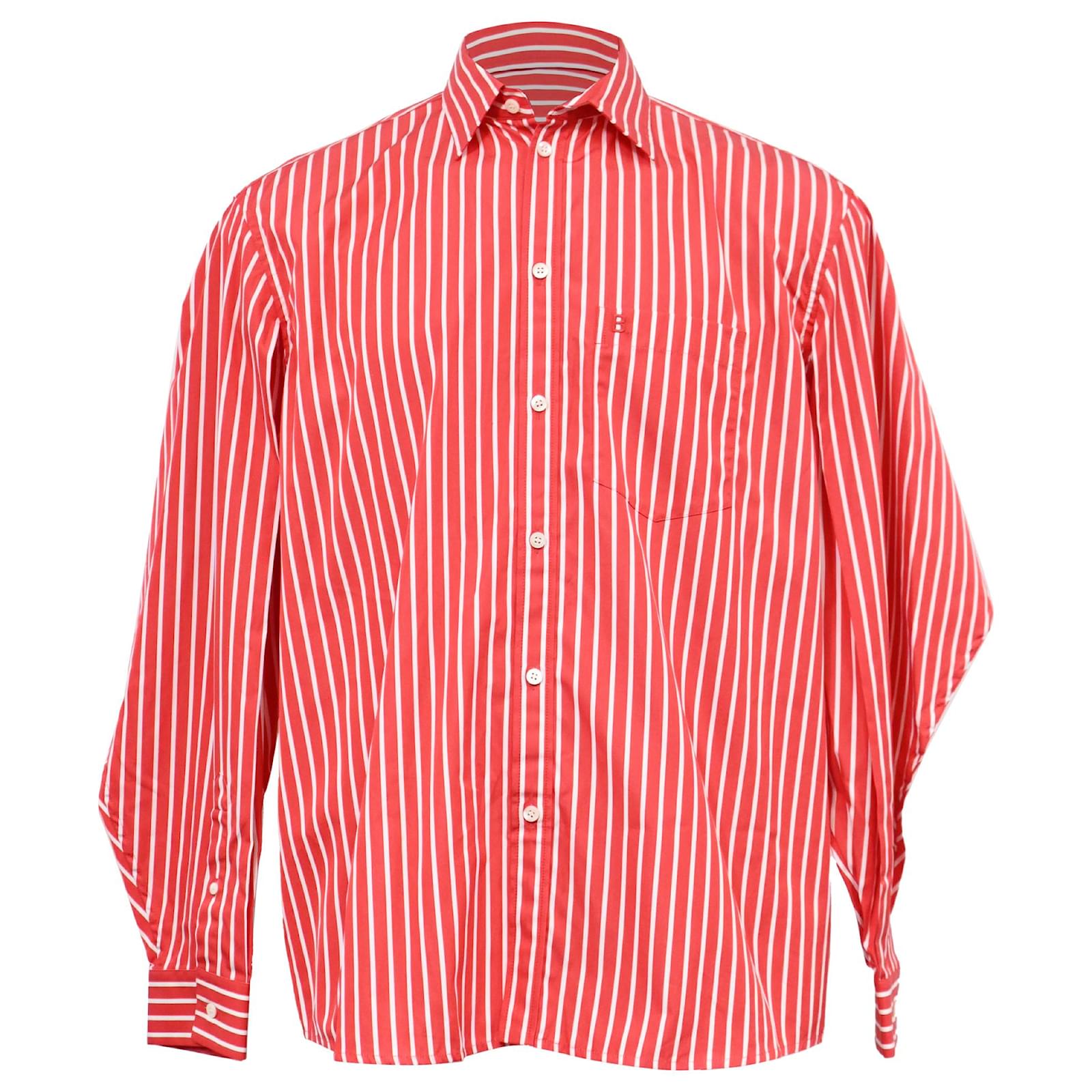 Balenciaga Striped Embroidered Logo Shirt in Red Cotton Dark red