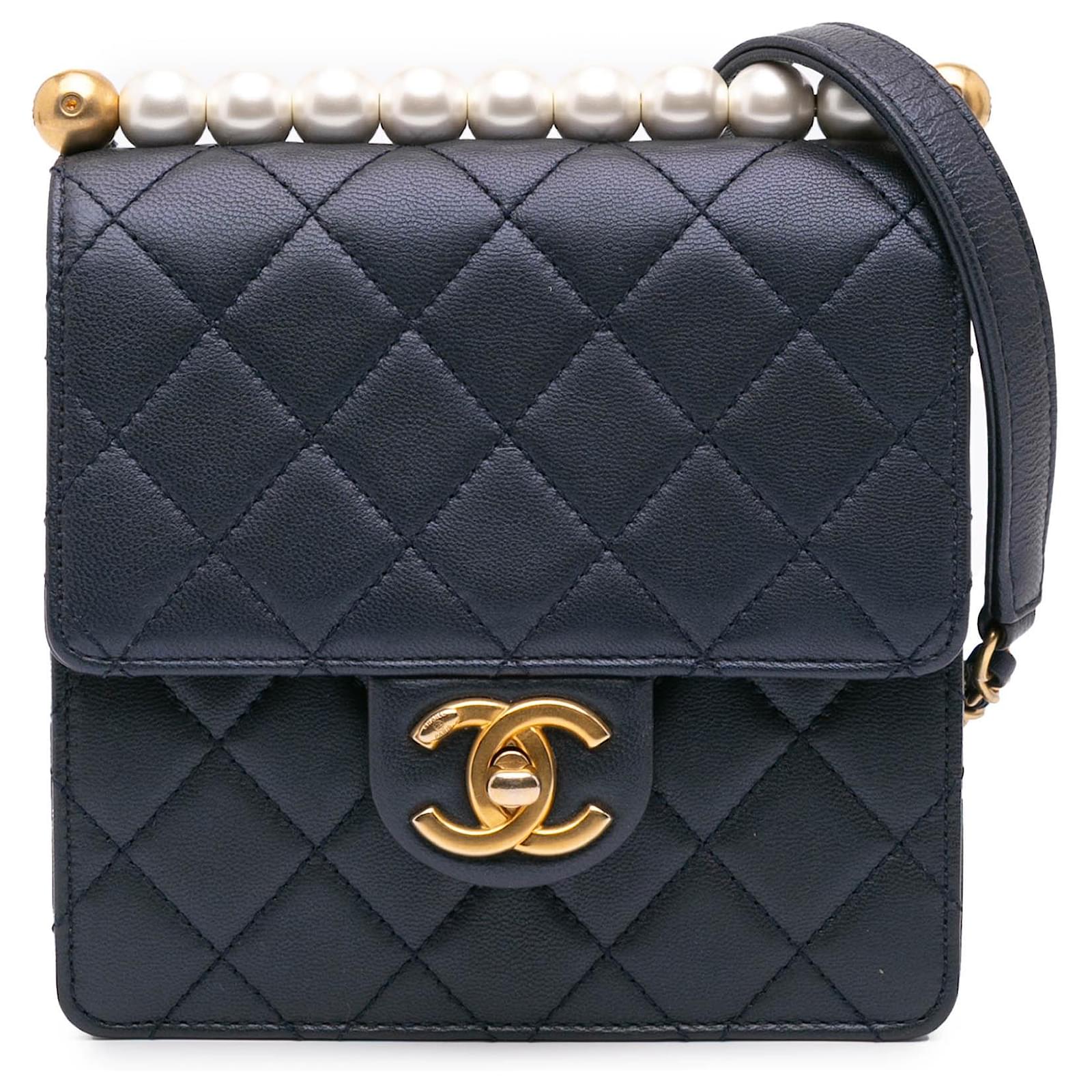 Chanel Blue Small Lambskin Chic Pearls Flap Navy blue Leather ref ...