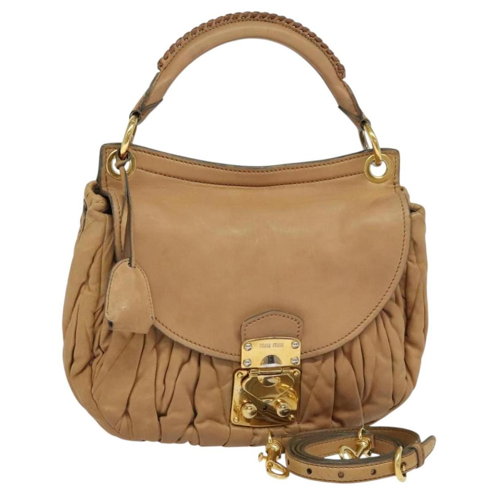 Miu Miu Matelasse Hand Bag Leather 2way Beige Gold Auth IN058