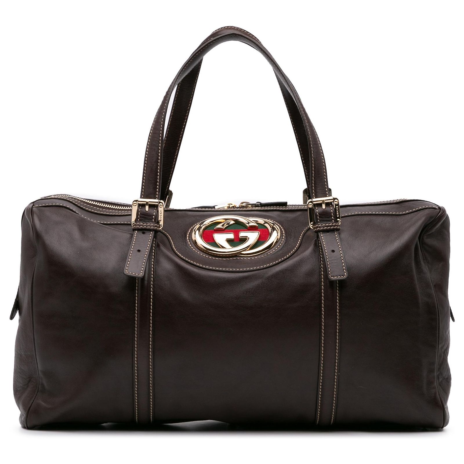 Gucci Brown Leather Britt Web Travel Bag Dark Brown Pony style Calfskin gucci-brown-leather-britt-web-travel-bag-dark-brown-pony-style-calfskin