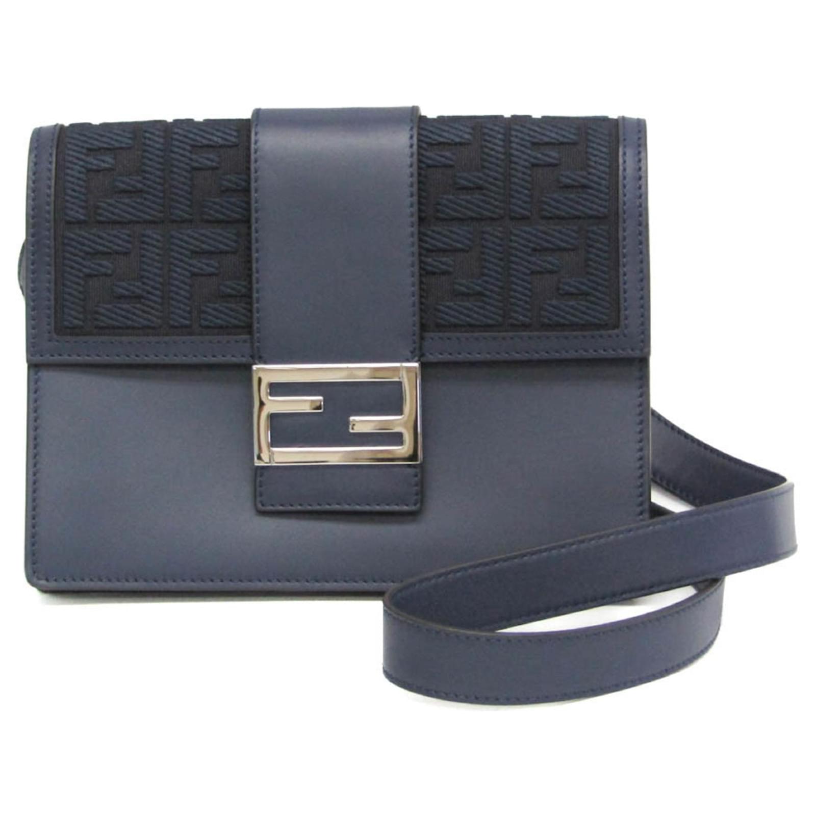Fendi Flat Baguette Medium Shoulder Bag Navy blue Leather Cloth
