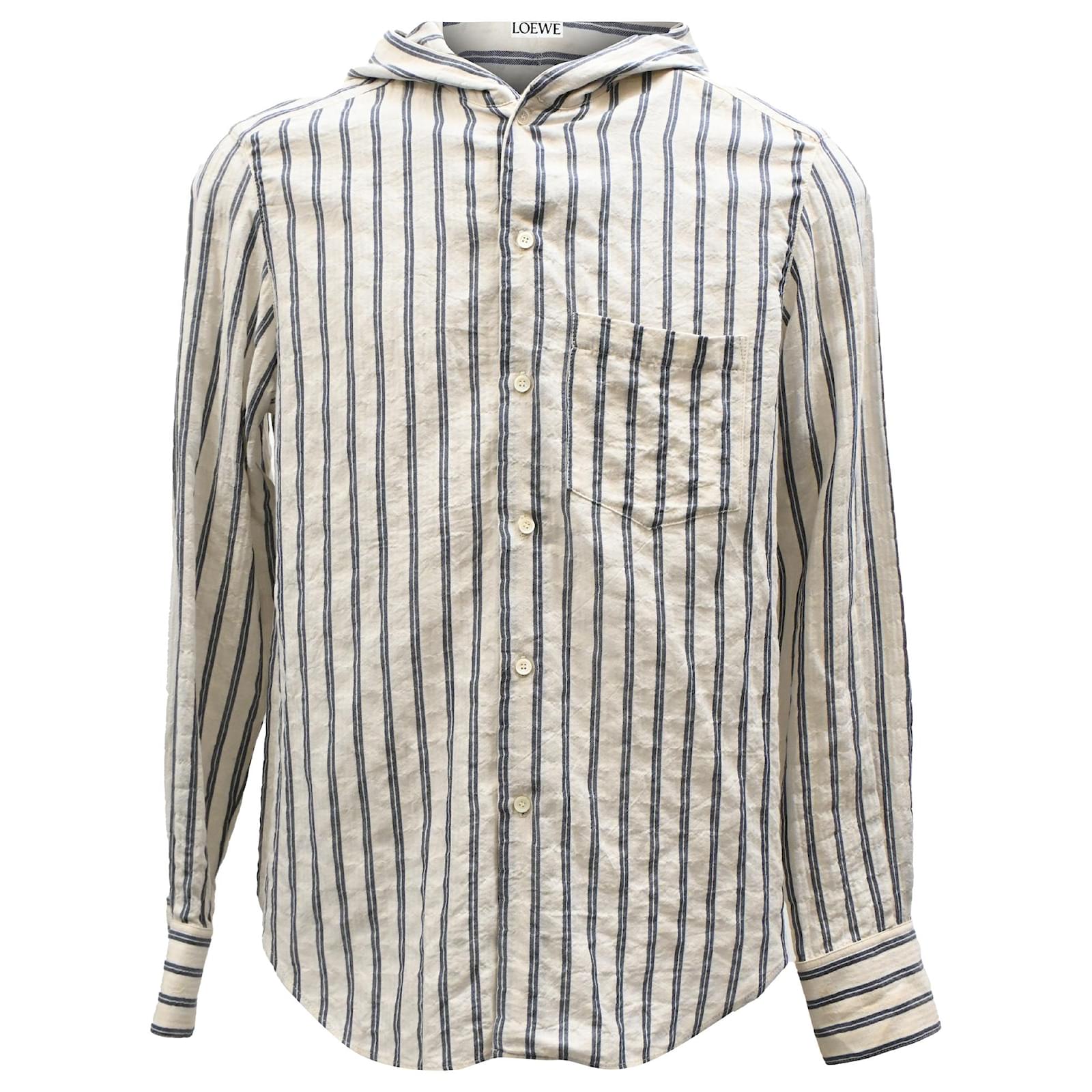 Camisa con capucha a rayas Loewe Anagram en algodón blanco y azul