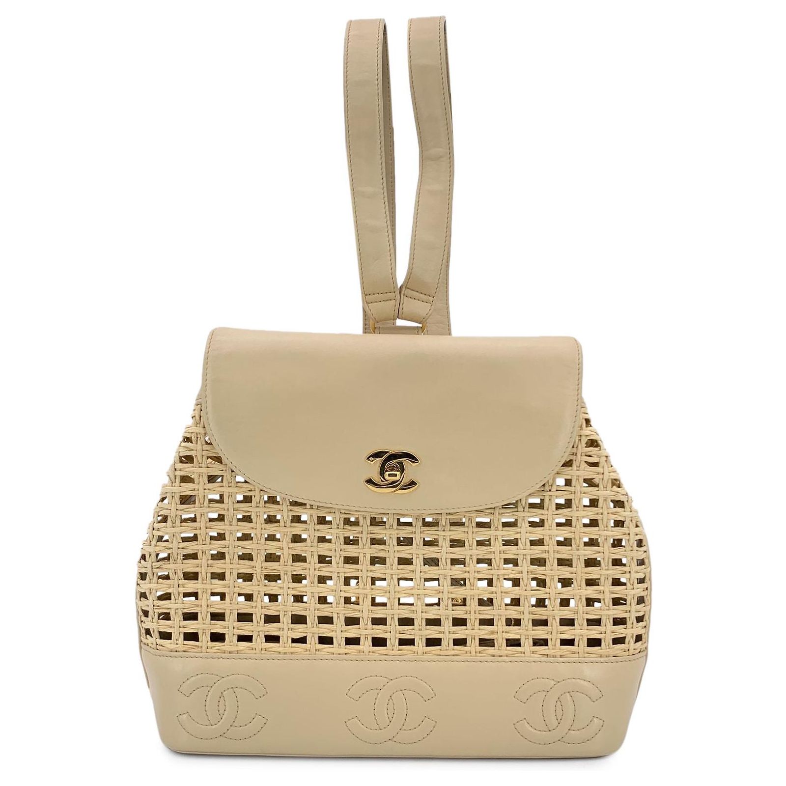 Chanel Vintage Beige Leather and Straw Backpack Shoulder Bag ref 