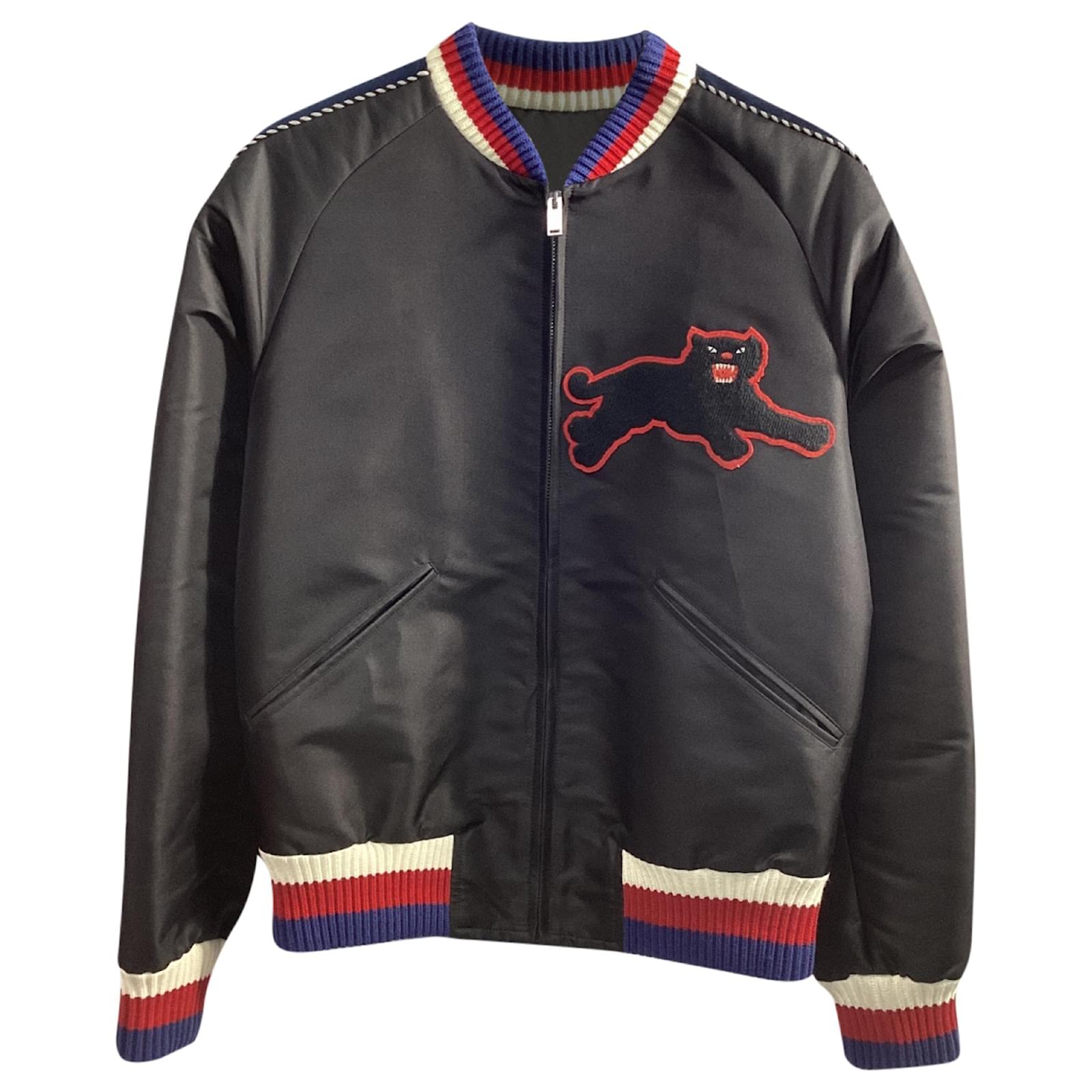 Gucci Panther-Embroidered Bomber Jacket Black Satin