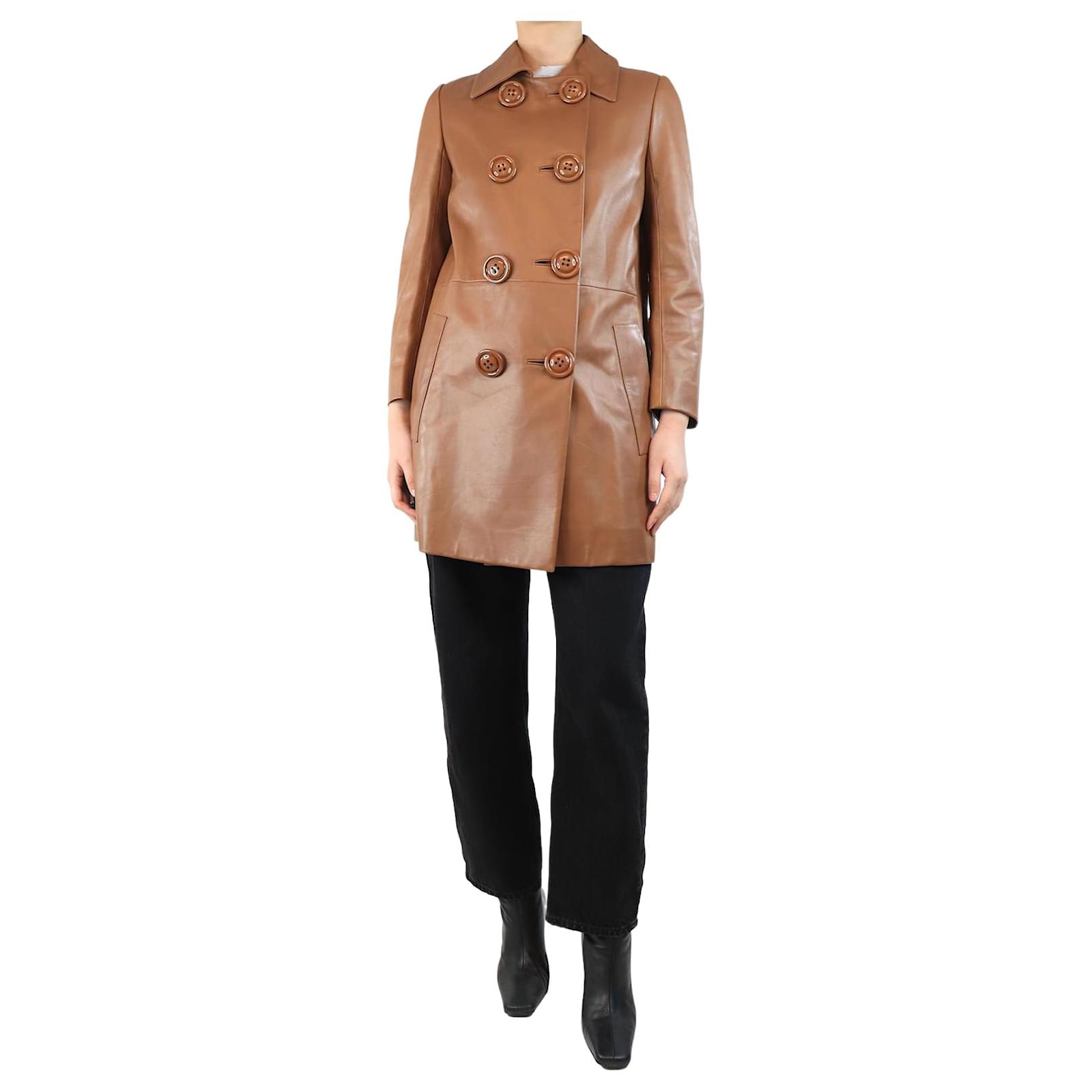 Miu Miu Tobacco double-breasted leather coat size UK Brown ref
