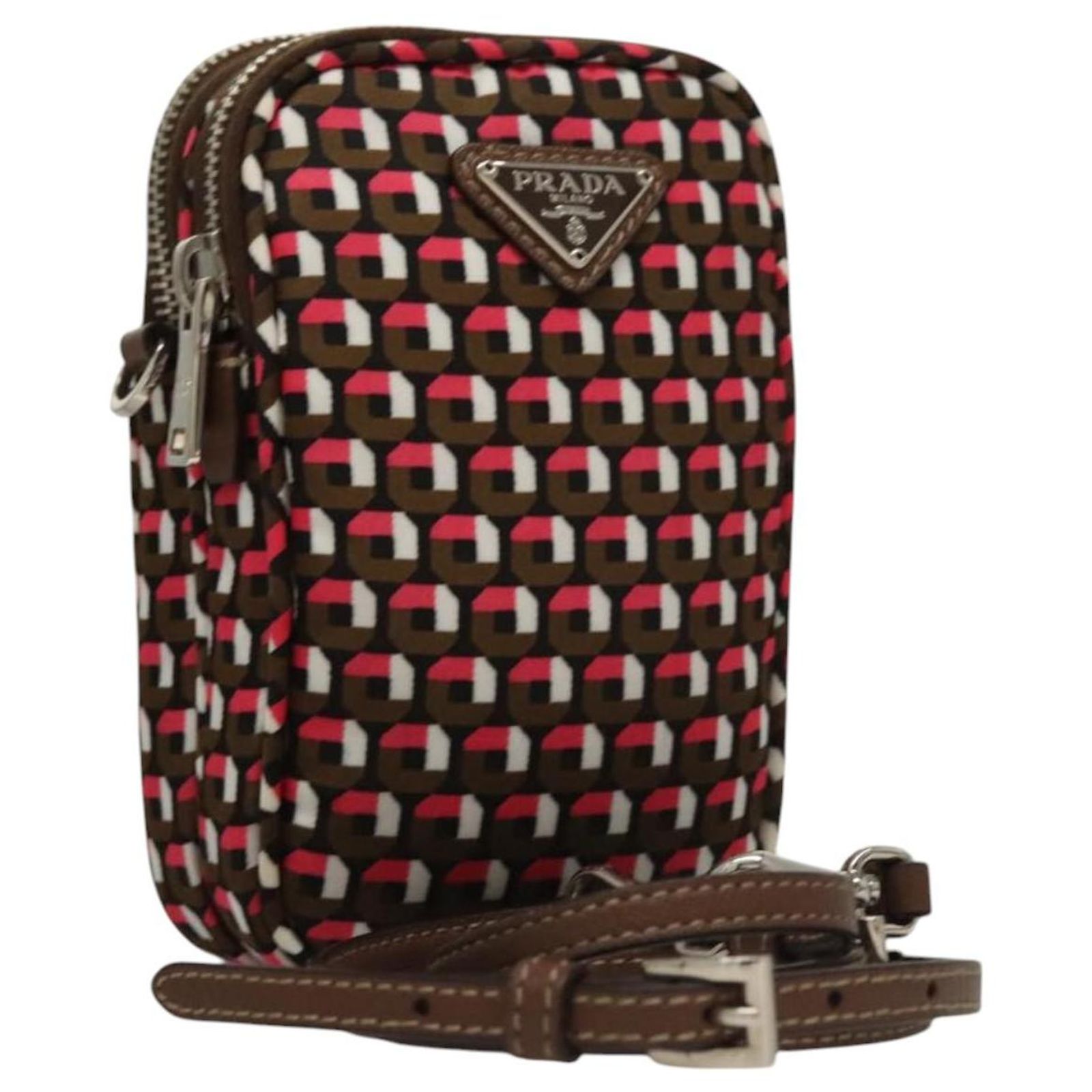 PRADA Shoulder Bag Nylon Leather Brown Pink Silver Auth