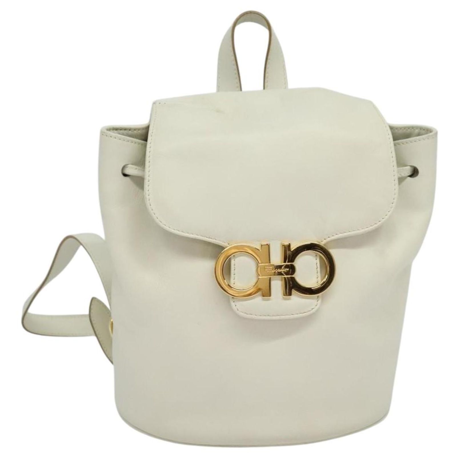 Salvatore Ferragamo Gancini Backpack Leather White Gold Auth  display picture 1