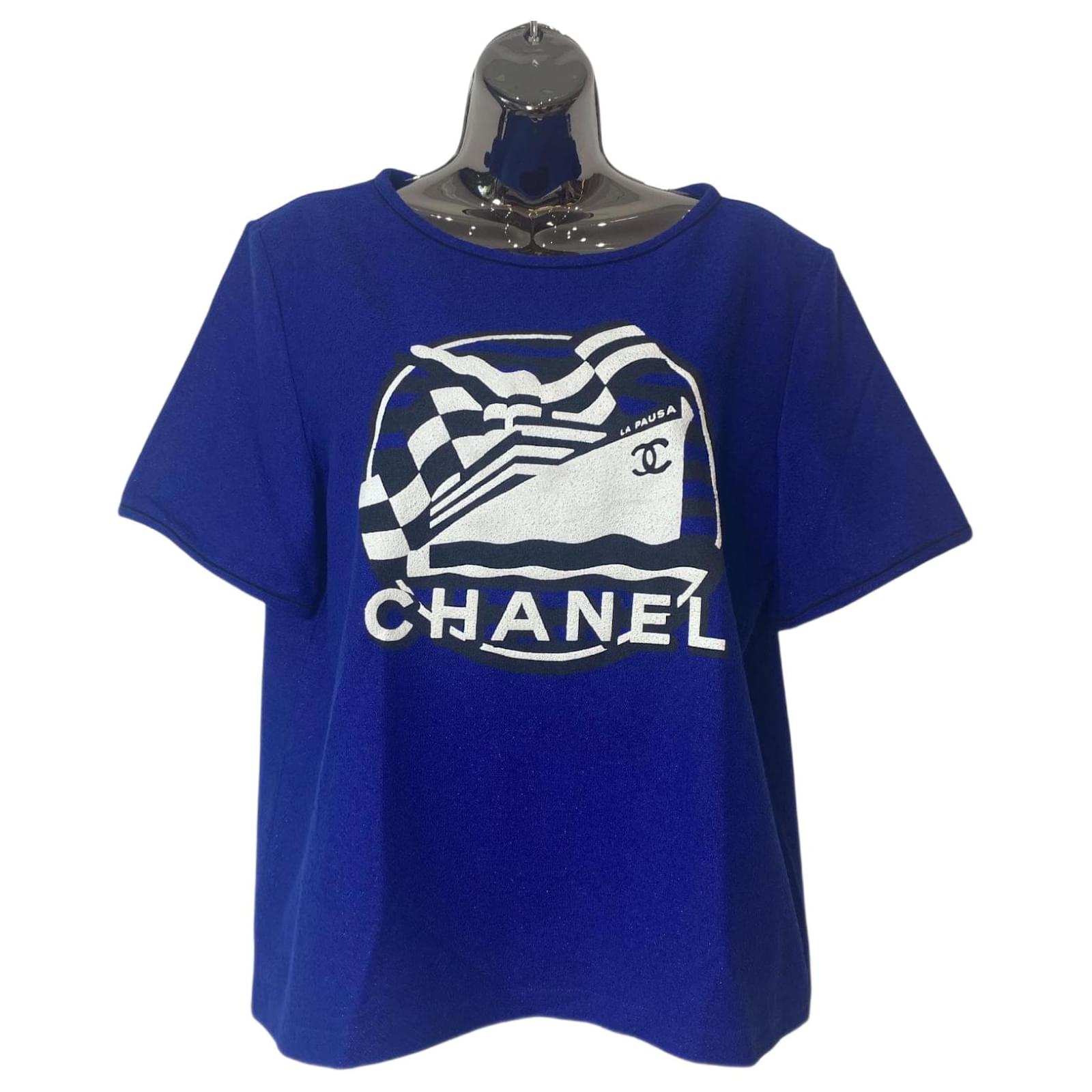 Chanel 19C La Pausa Runway Blue Blouse Top Shirt FR 42 Black White