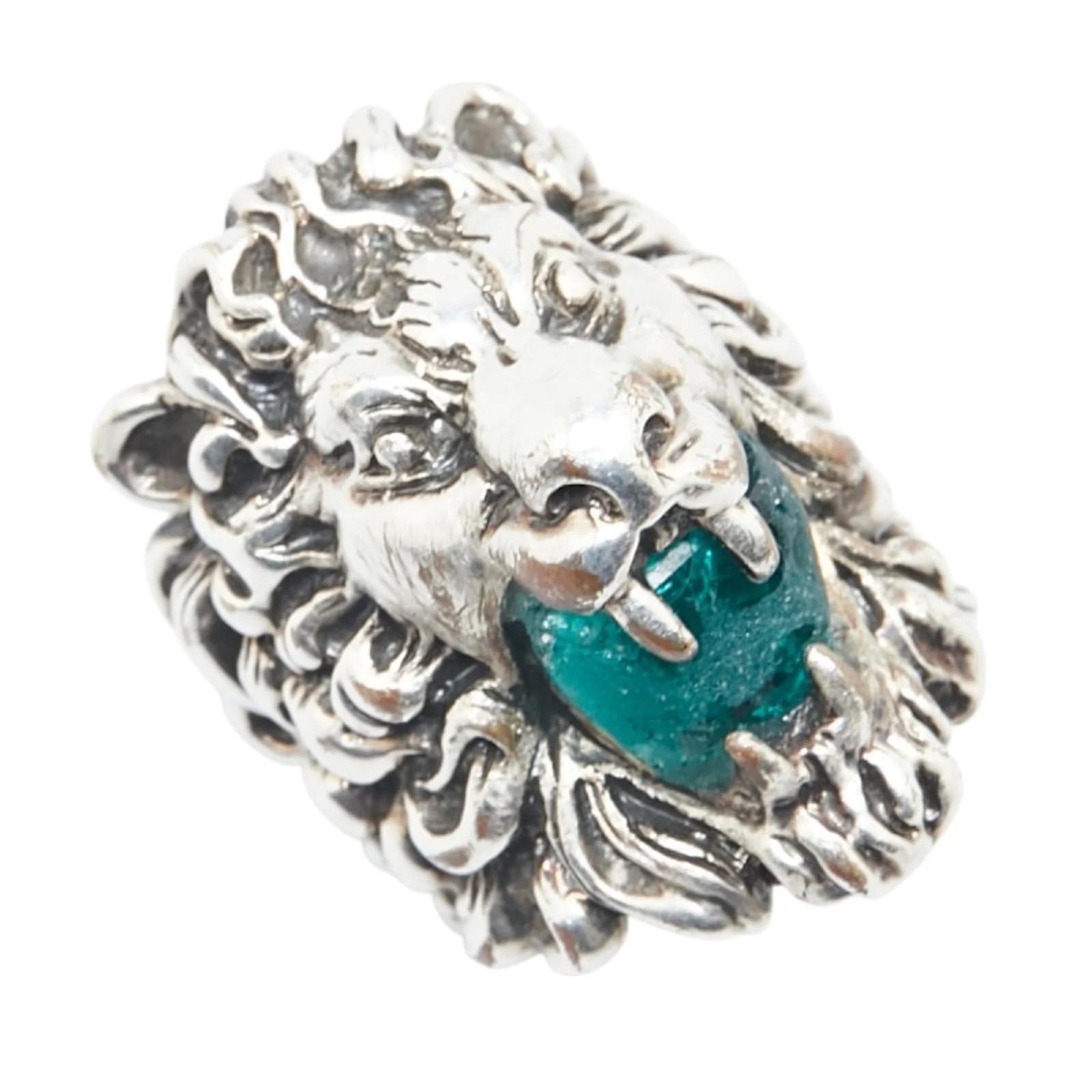 Bague en pierre colorée avec tête de lion Gucci Métal Argenté Vert