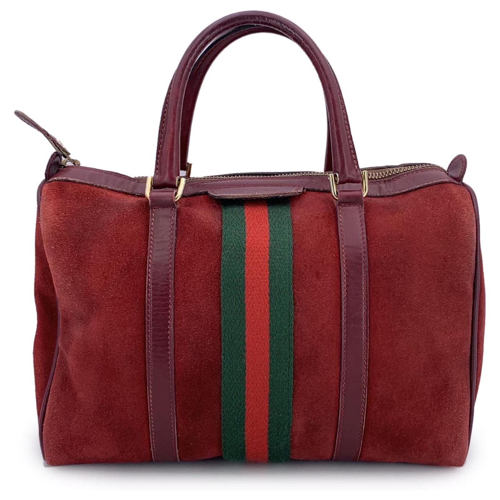 Gucci Vintage Burgundy Suede Web Stripes Boston Bag Handbag