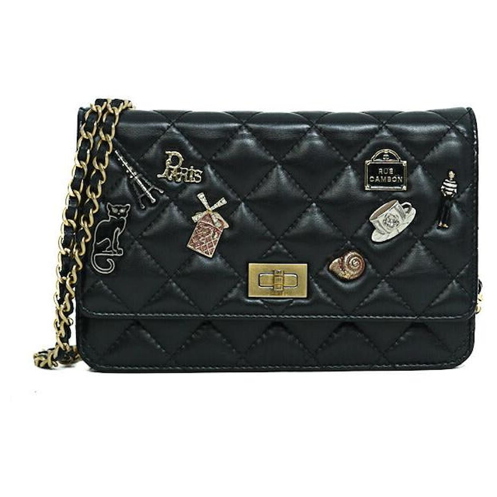 Chanel Matelassé Icono Charm Cadena Cartera Negro Cuero