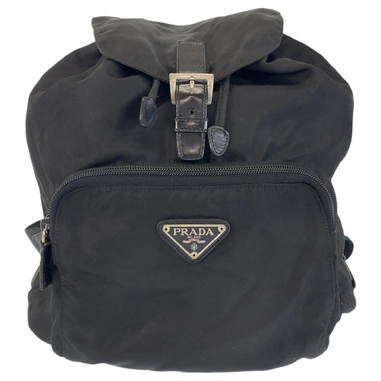Zaino Prada Tessuto Triangle Logo Plate Nero Pelle Nylon ref