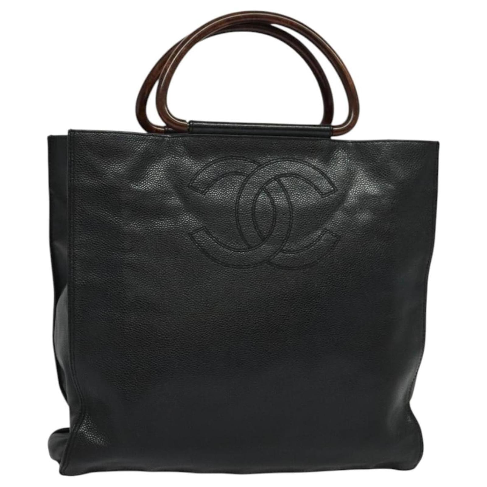 CHANEL COCO Mark Hand Bag Caviar Skin Black Gold CC Auth 119391 Golden ...