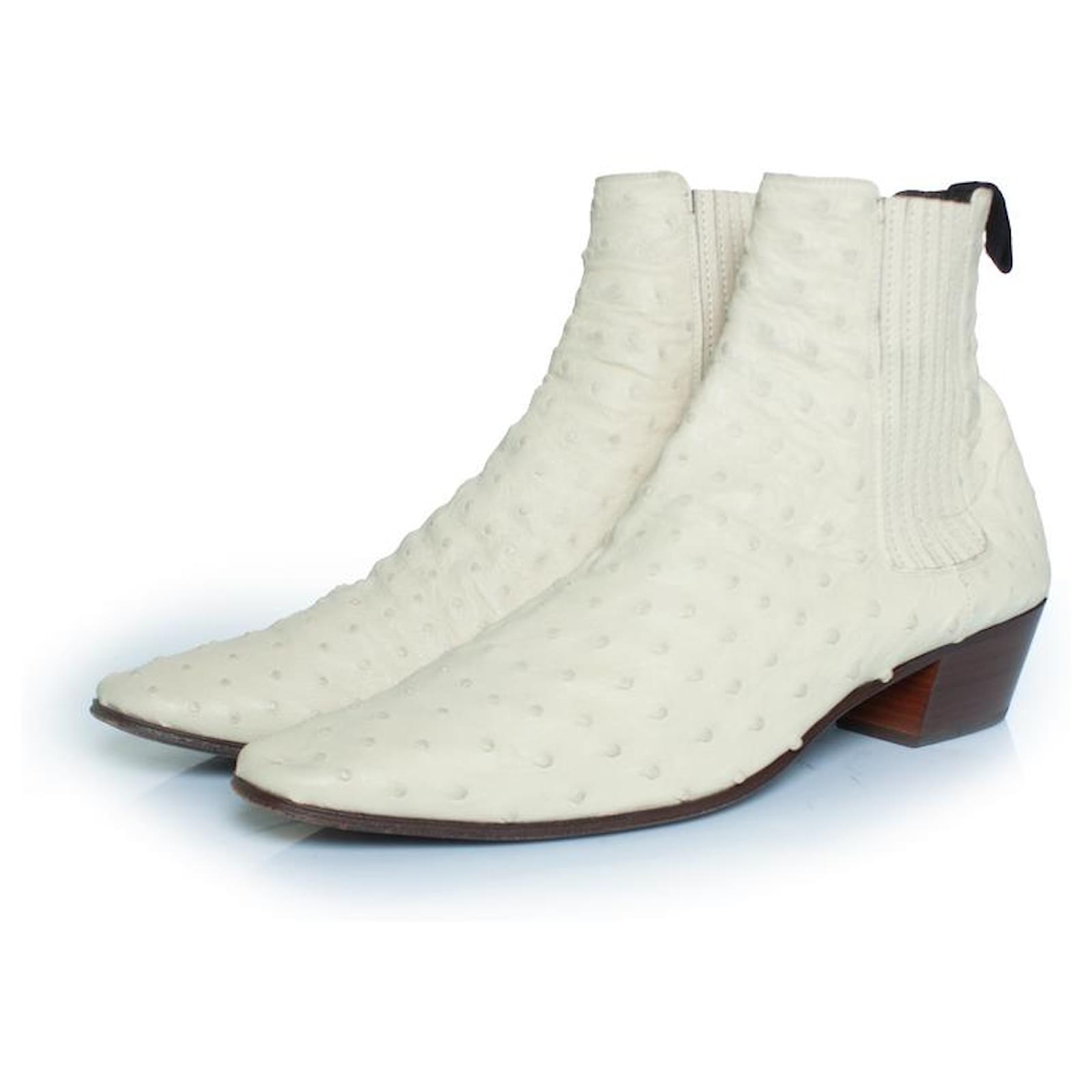 Bottes Wyatt en cuir d'autruche Saint Laurent Blanc
