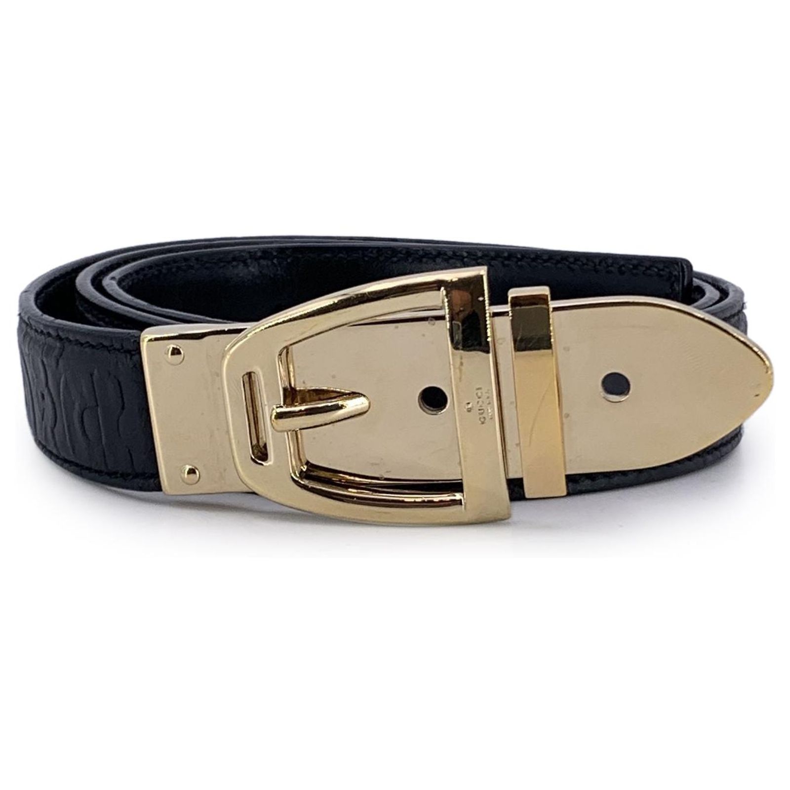 Brand:Gucci/Size:80/32/Color:Black and Gold Explore a Gucci Black Smooth Leather Brushed Gold Double GG  main image 3