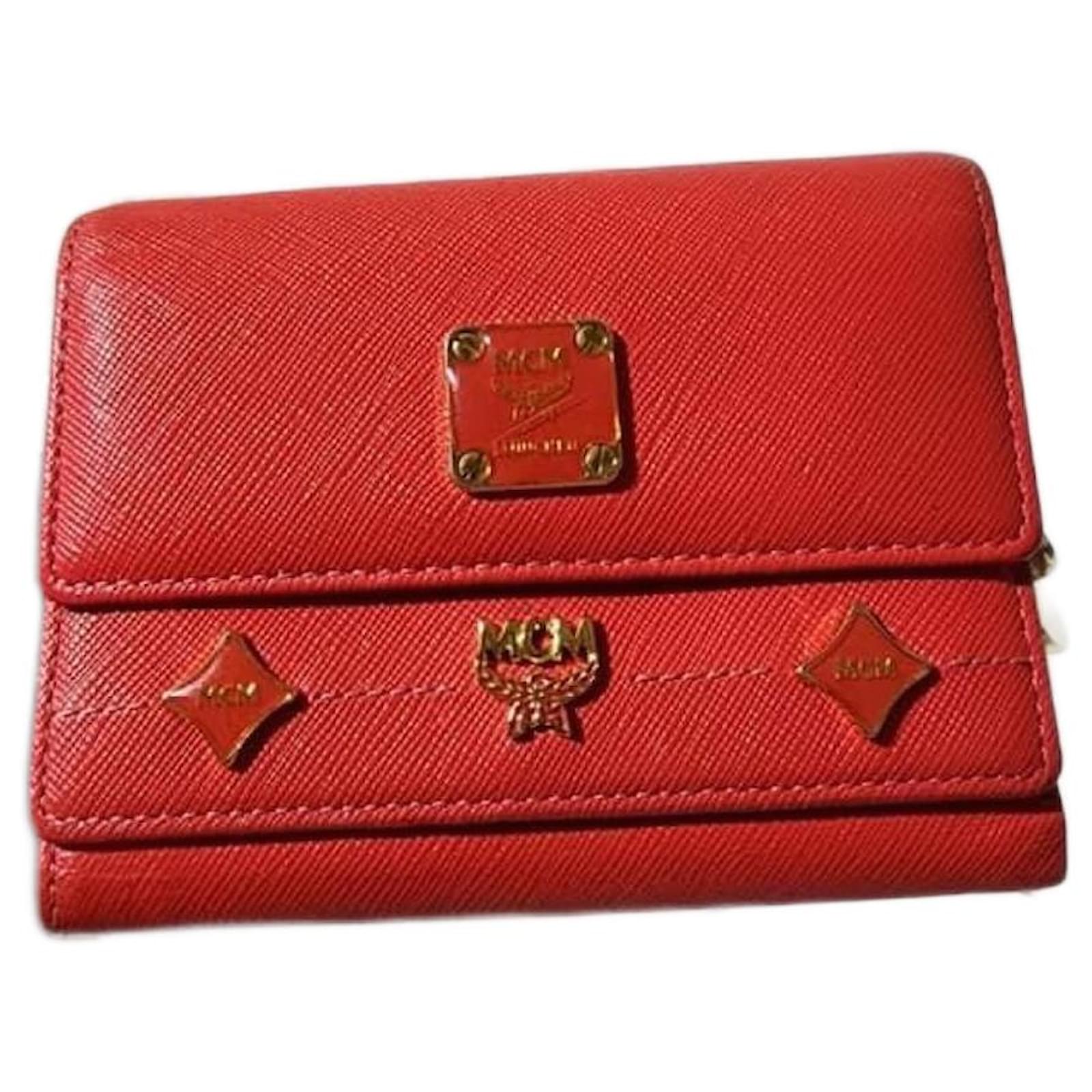 MCM Vintage Nieten Trifold Geldbörse Rot Leder Joli