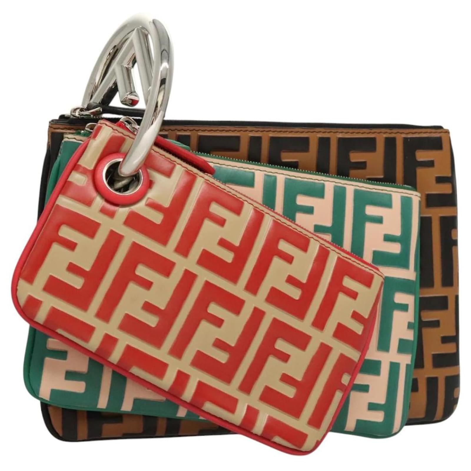 Pochette Triplet in Tela Zucca FENDI Nero Marrone Rosso Auth