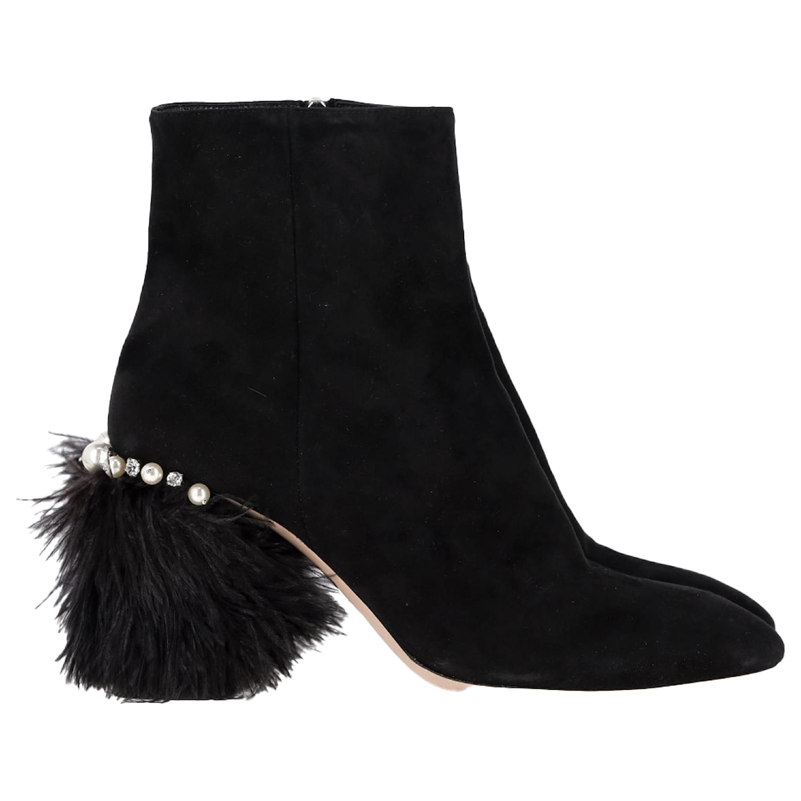 Miu Miu Feather Pear-Embellished Ankle Boots in Black Suede ref