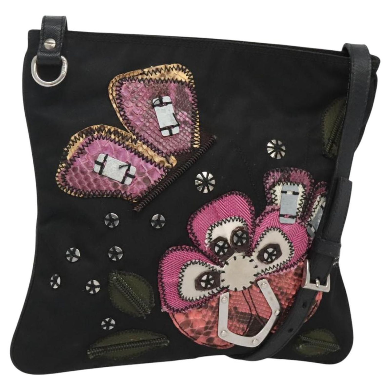 PRADA Butterfly Shoulder Bag Nylon Black Silver Auth 120559 Silvery ref ...