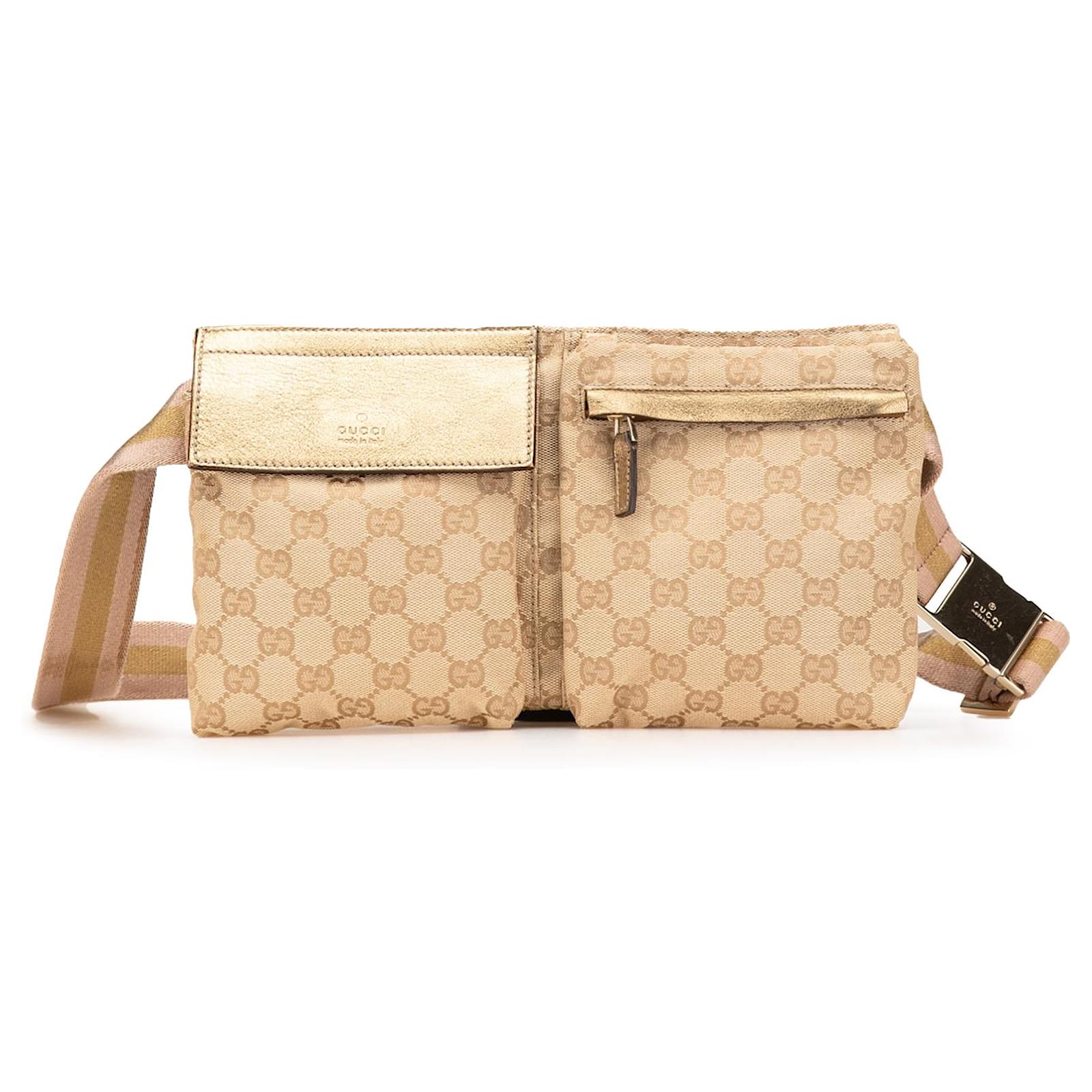 Gucci Brown GG Canvas Web Double Pocket Belt Bag Beige Cloth Cloth