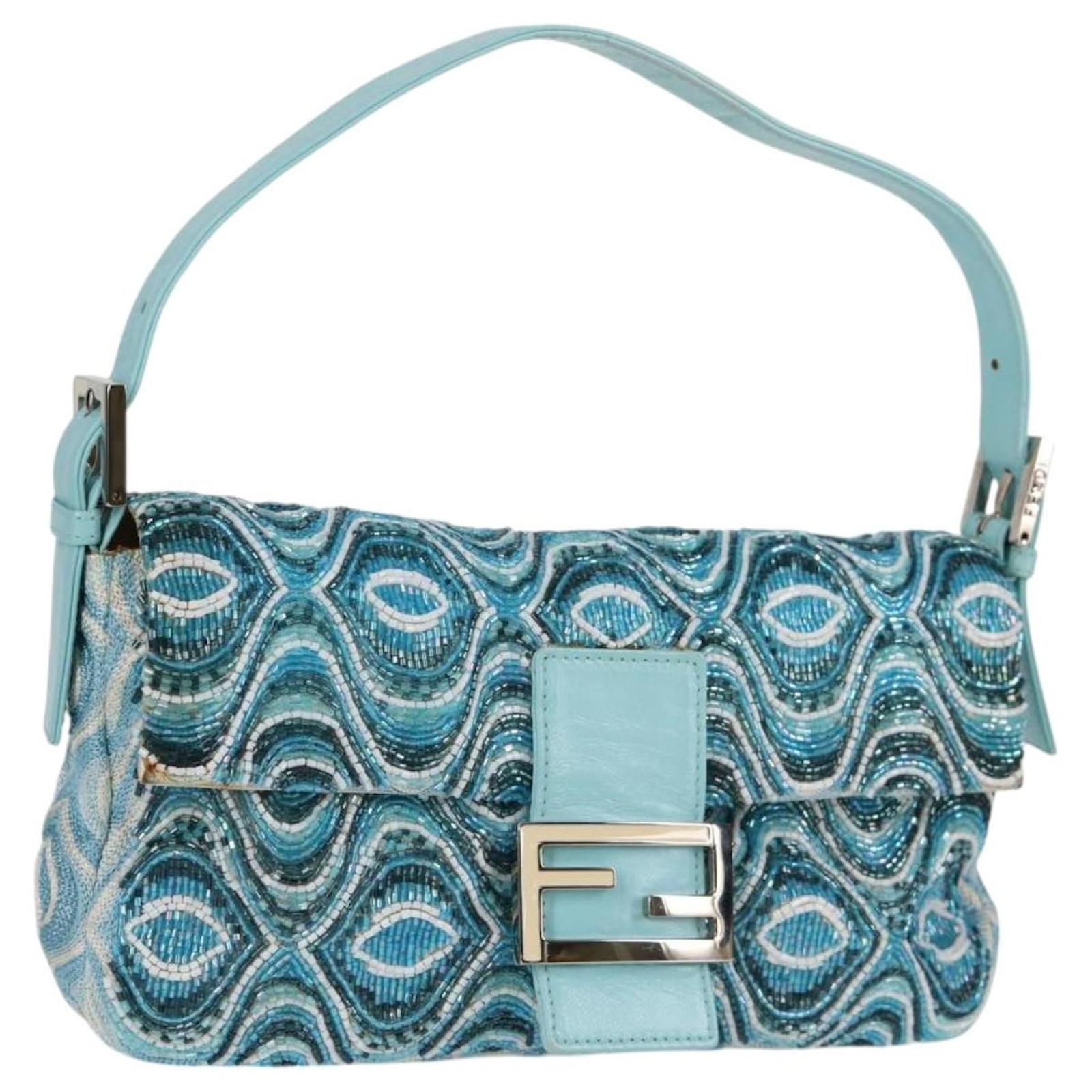 FENDI Mamma Baguette Shoulder Bag beads Silver Blue Auth yk18031AM