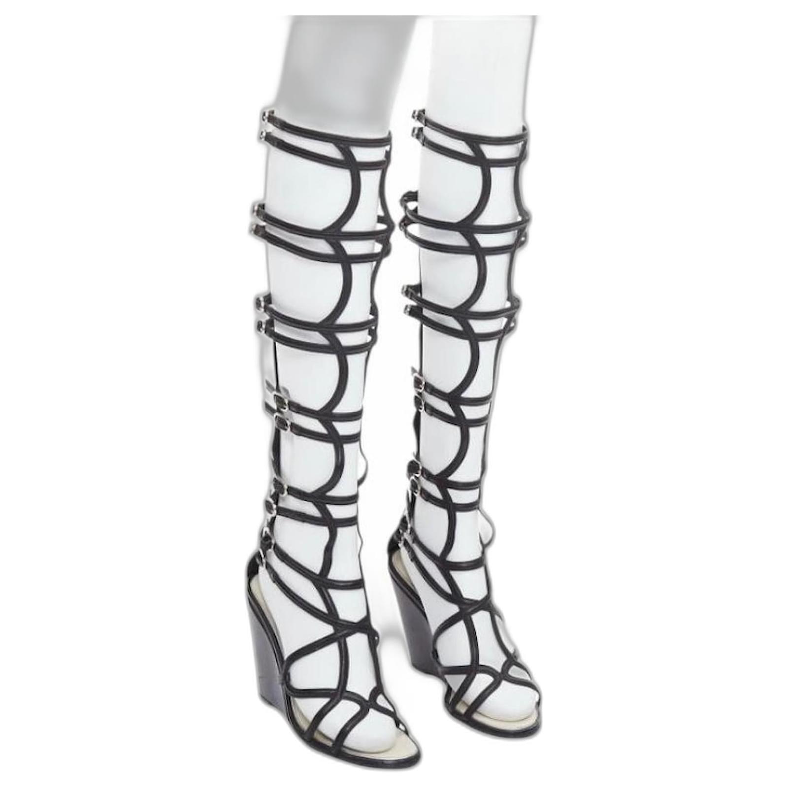 Chanel 2010 Black Leather Interlocking CC Gladiator Wedge Sandals