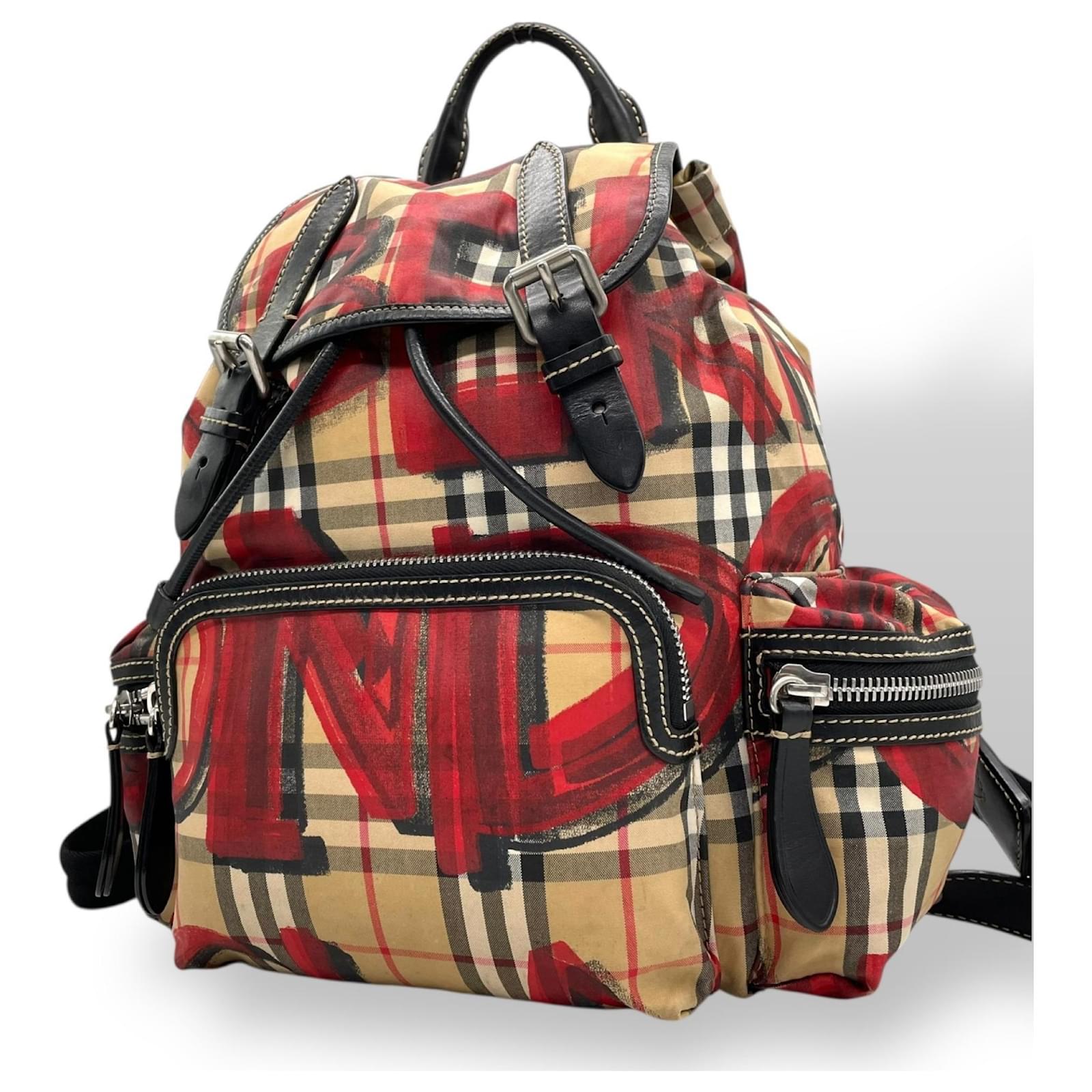 Burberry Graffiti Check Rucksack Backpack Black Red Beige Leather Cloth ...