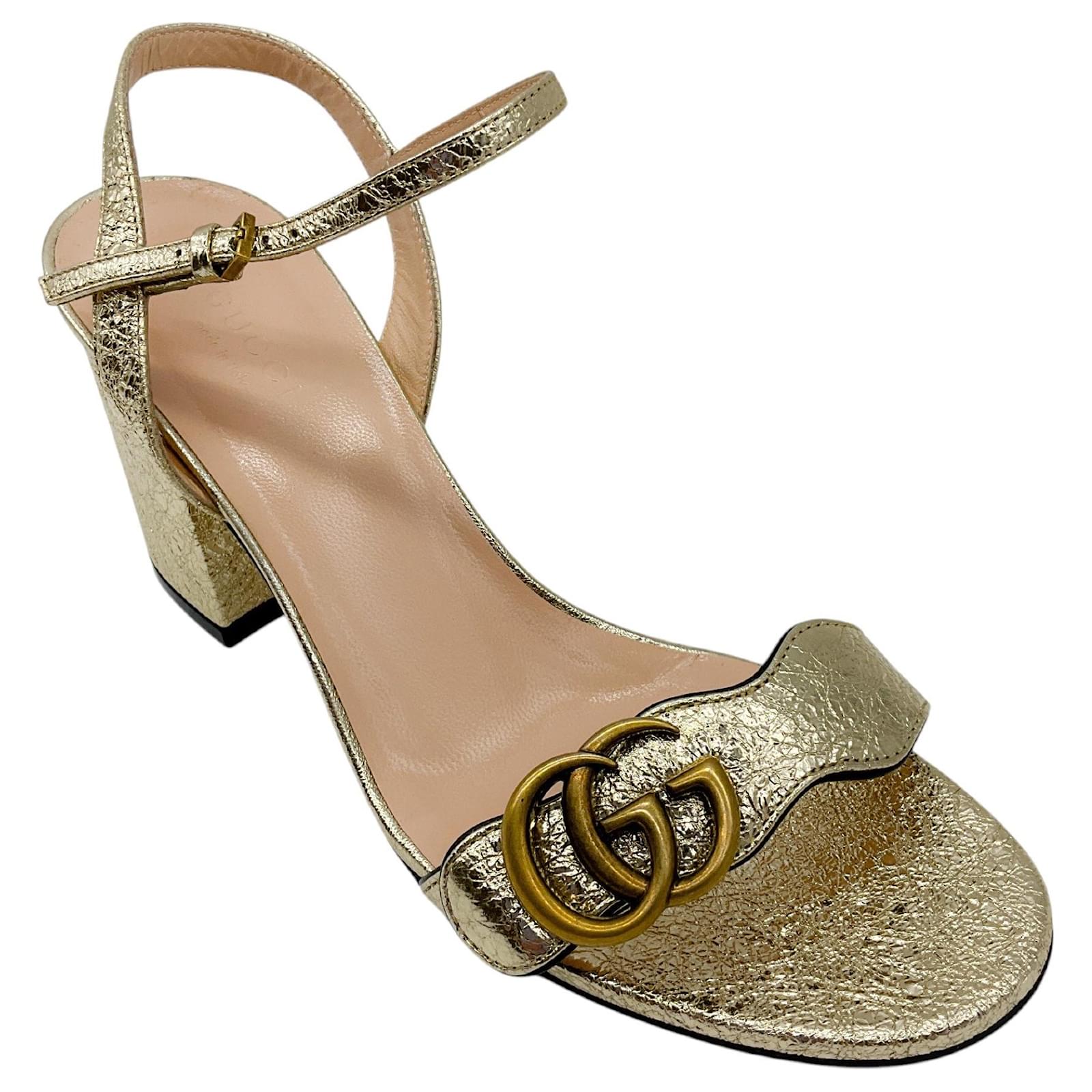 Gucci Gold Marmont GG Metallic Leather Block Heel Ankle Strap