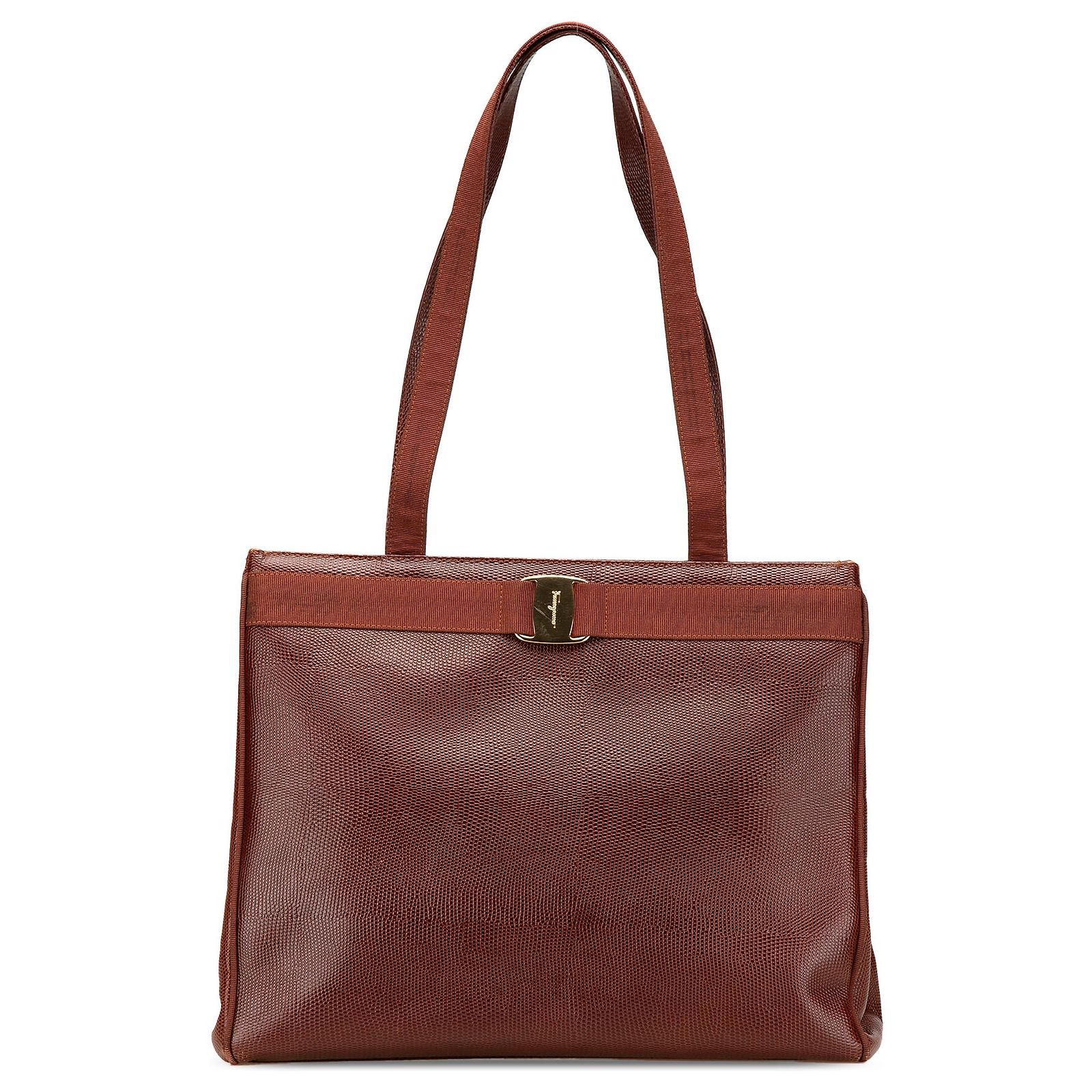 Salvatore Ferragamo Ferragamo Brown Lizard Embossed Leather Vara 