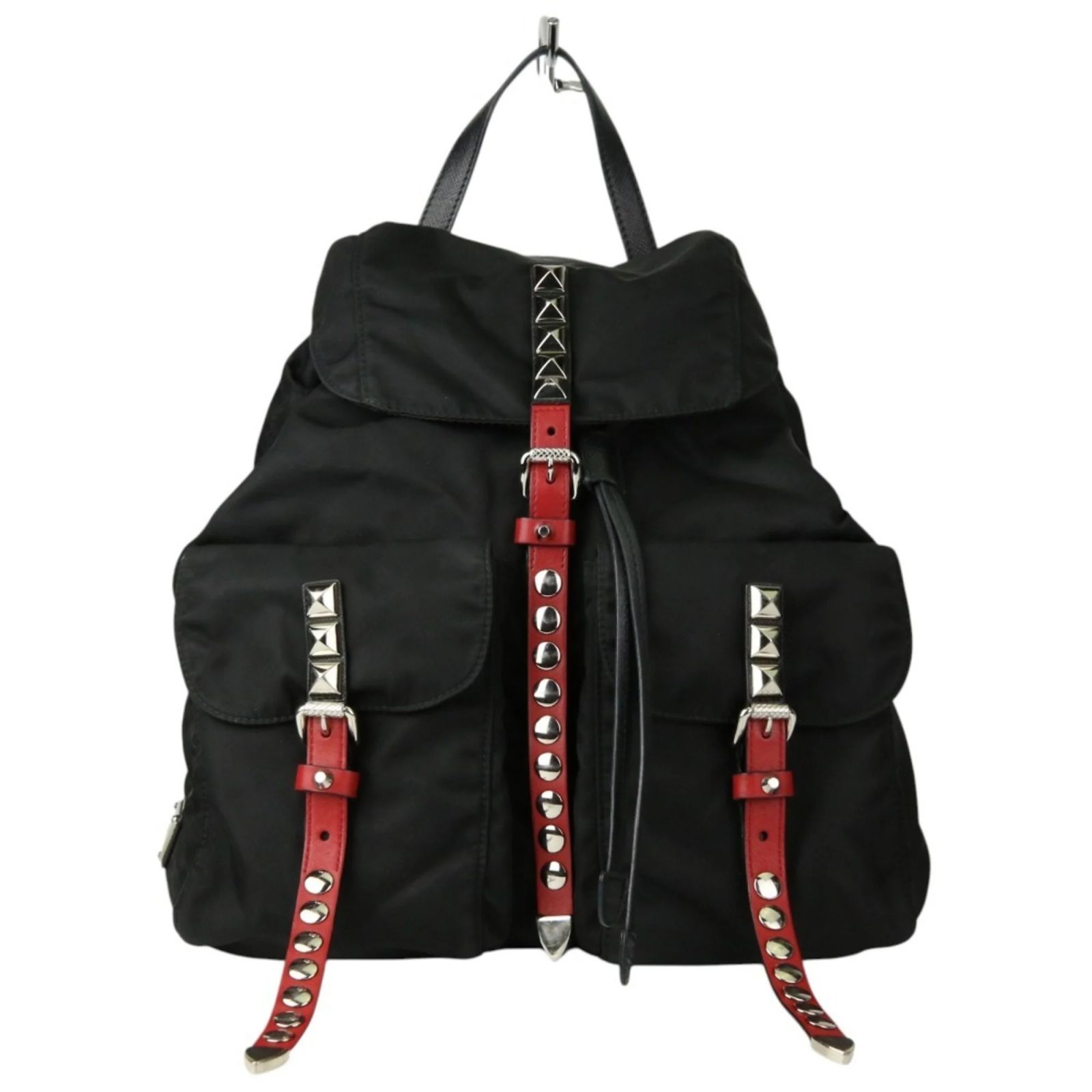 Prada Studded Nylon Backpack Black Red Leather ref.2217045  display picture 3