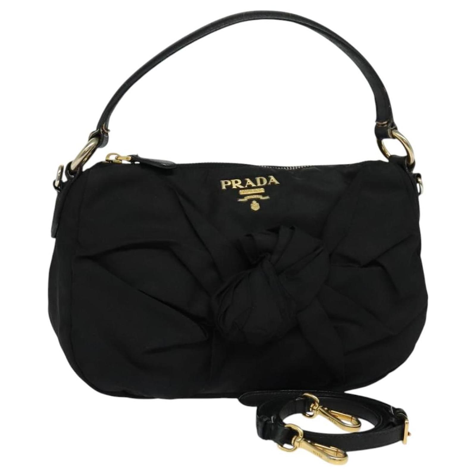 PRADA Hand Bag Nylon 2way Black Gold Auth 121909 Golden ref