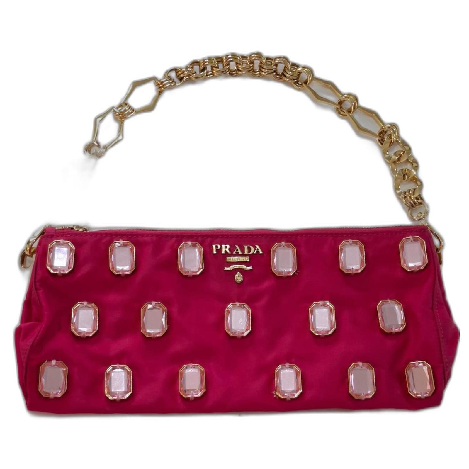 Prada Pink Fuchsia Satin Jeweled Shoulder Bag with Chain