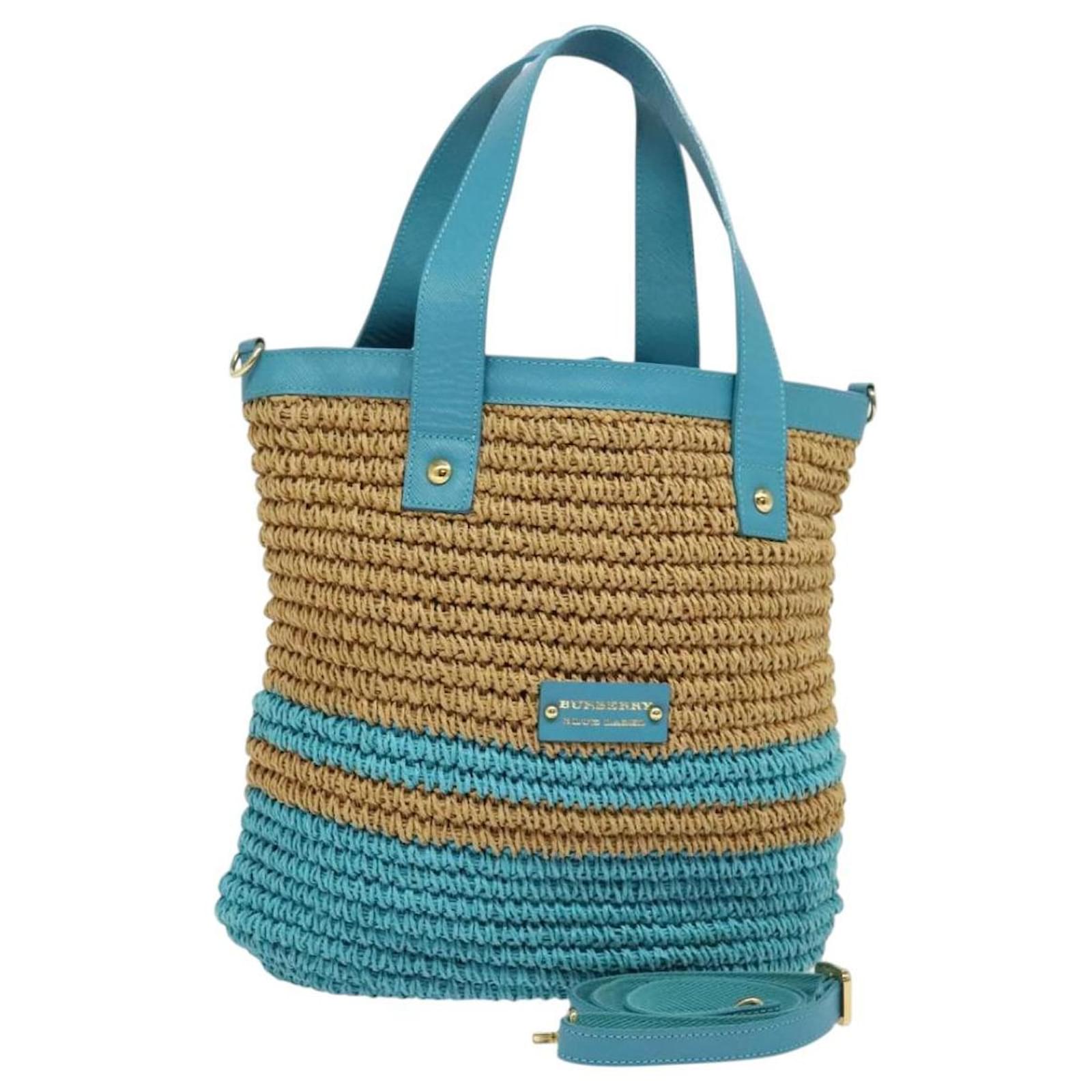 BURBERRY Blue Label Hand Bag Straw 2way Blue Gold Auth 120707
