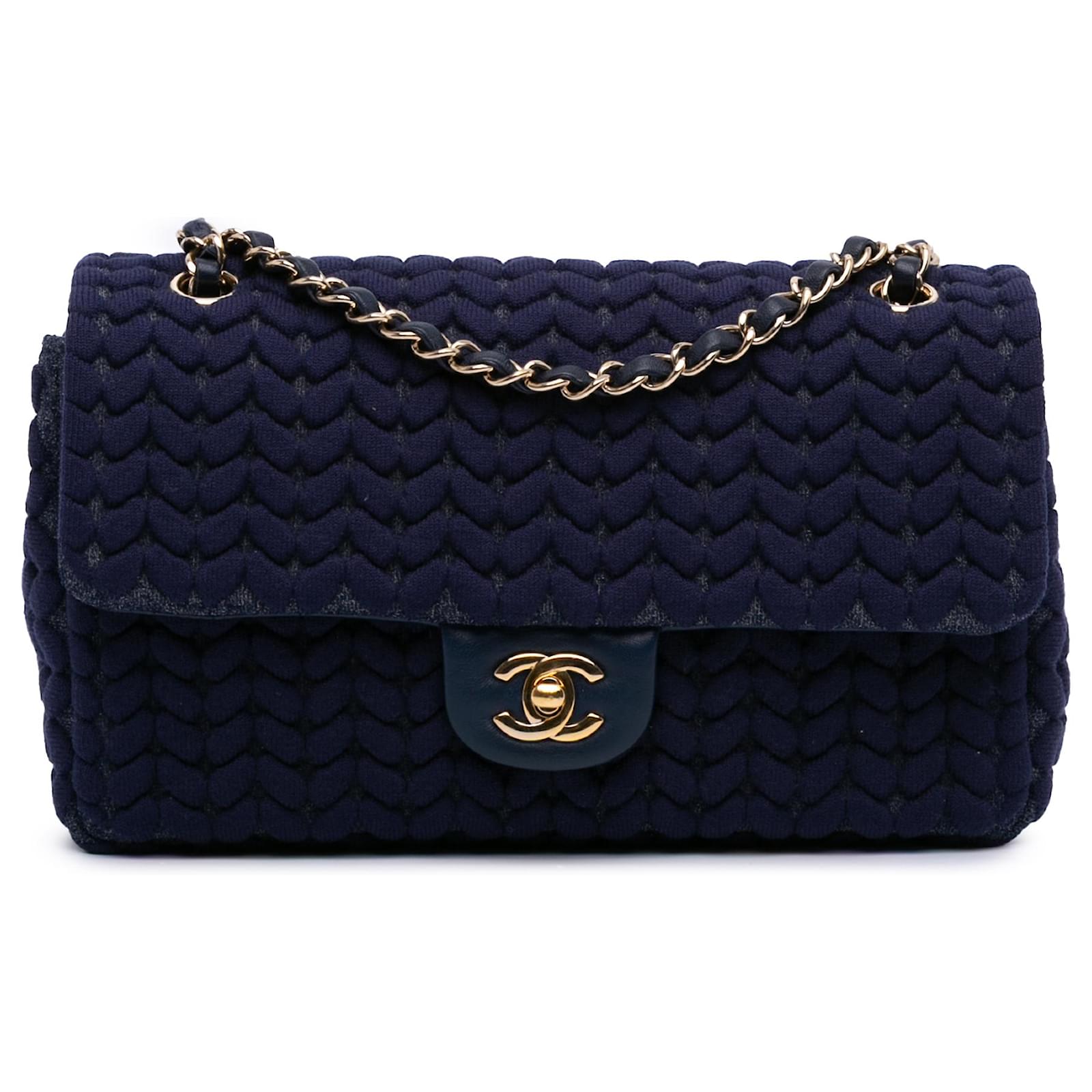 Chanel Blue Medium Woven Jersey Single Flap Navy blue Cotton Cloth ref ...