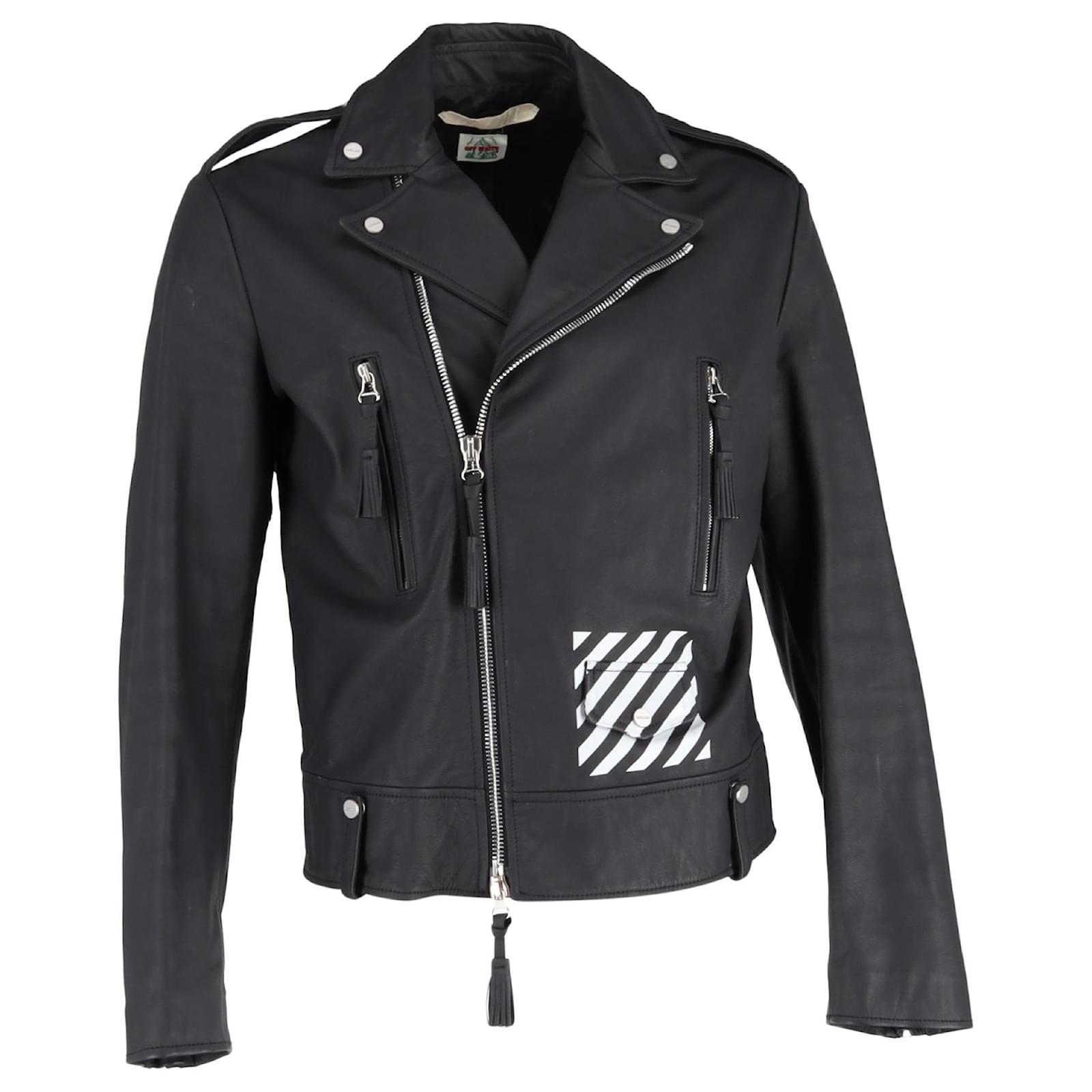 Off White Off-White Diagonal Stripe Biker Jacket in Black Leather