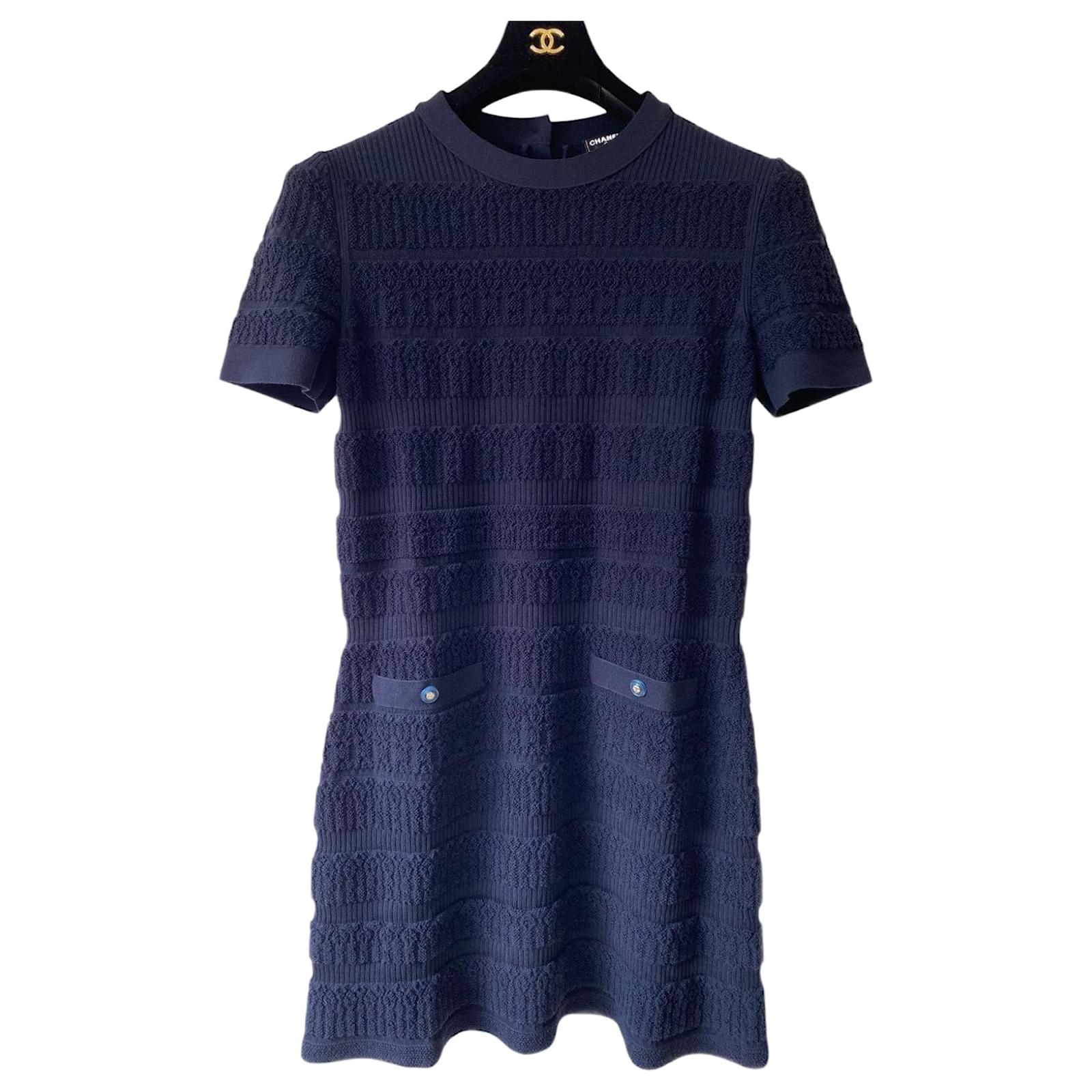 Laine Manches Robe En Laine Bleu Marine Robe En Tricot Texturé à