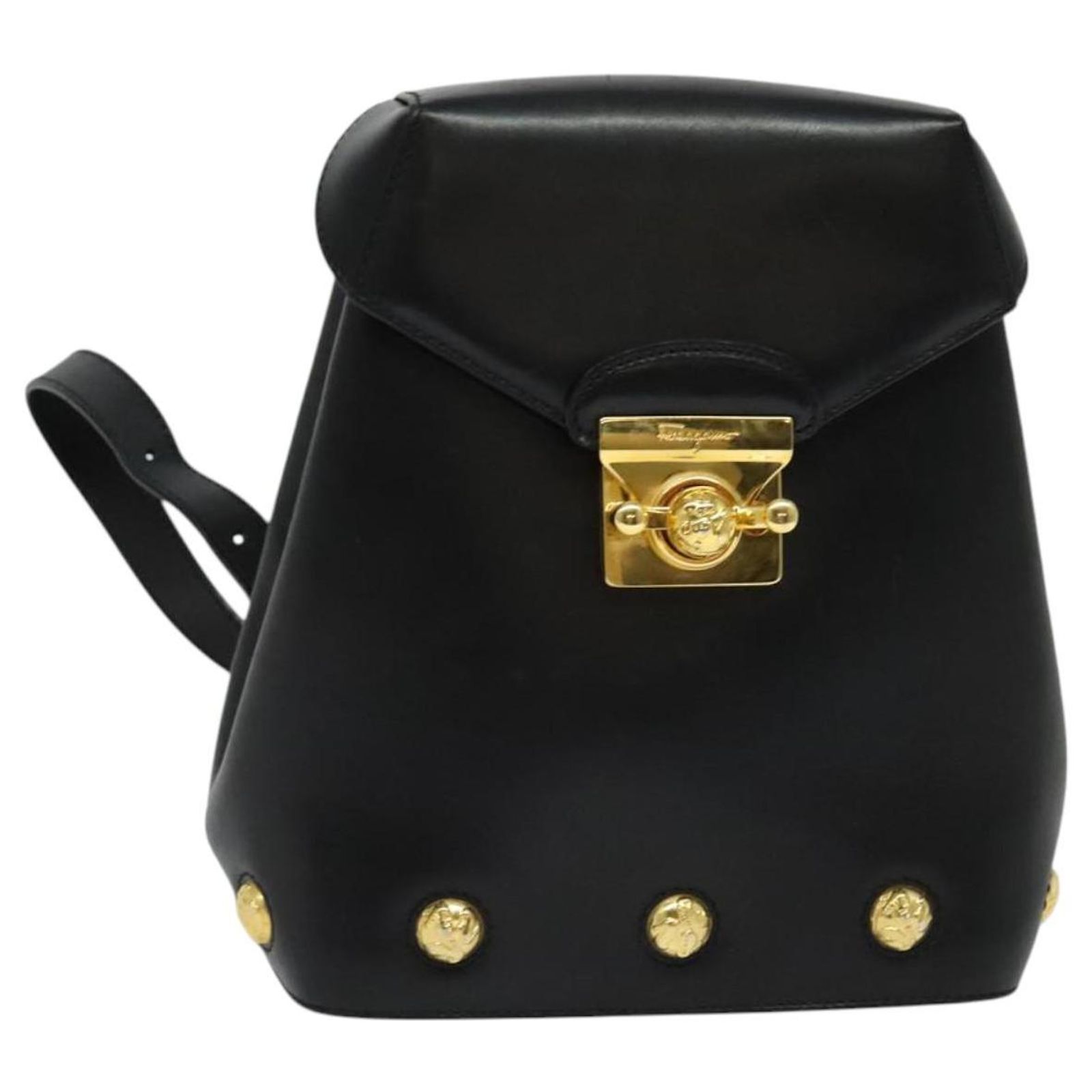 Salvatore Ferragamo Backpack Leather Black Gold Auth sw700  display picture 1