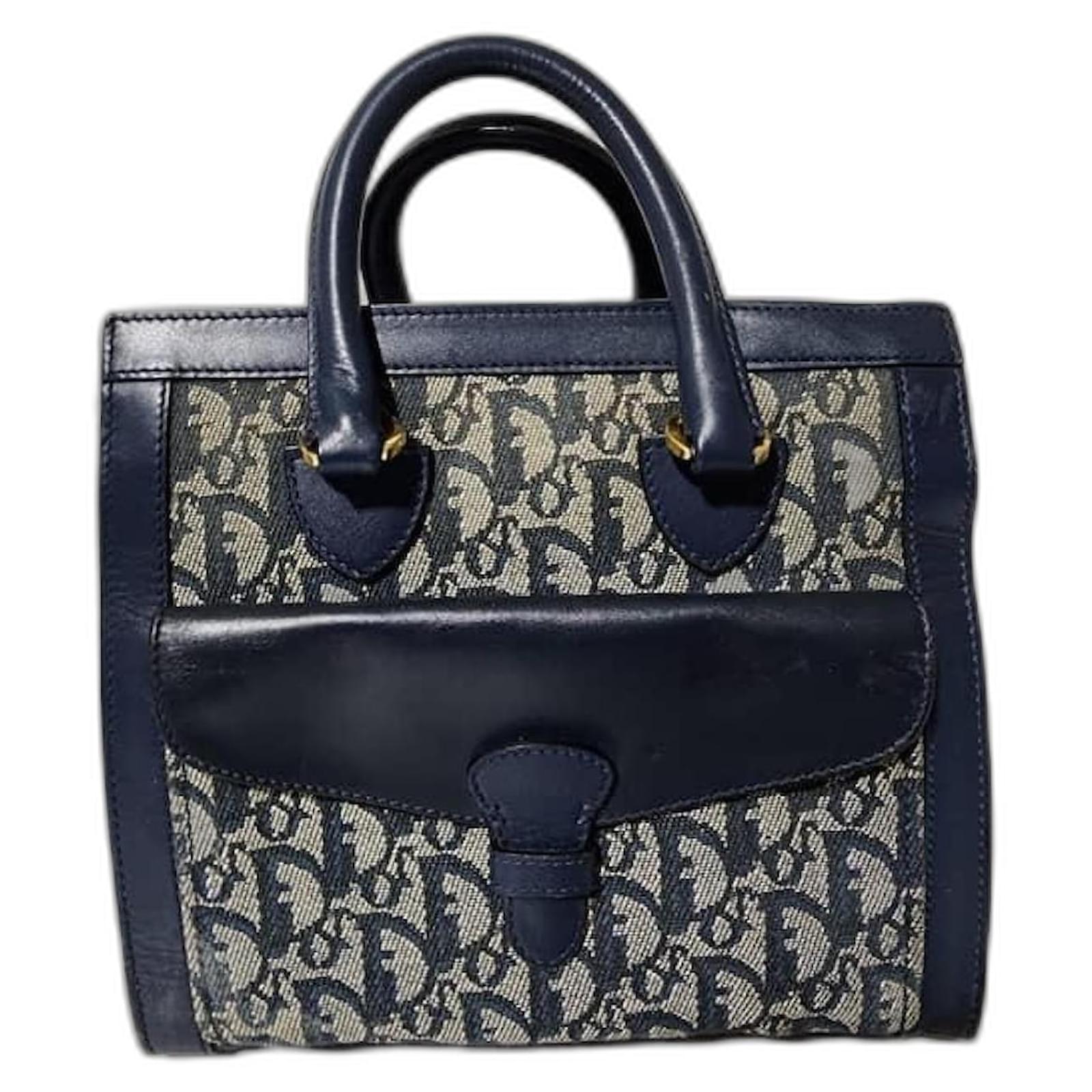 Christian Dior Oblique Handle Bag Navy Blue/Grey Leather Cloth ref