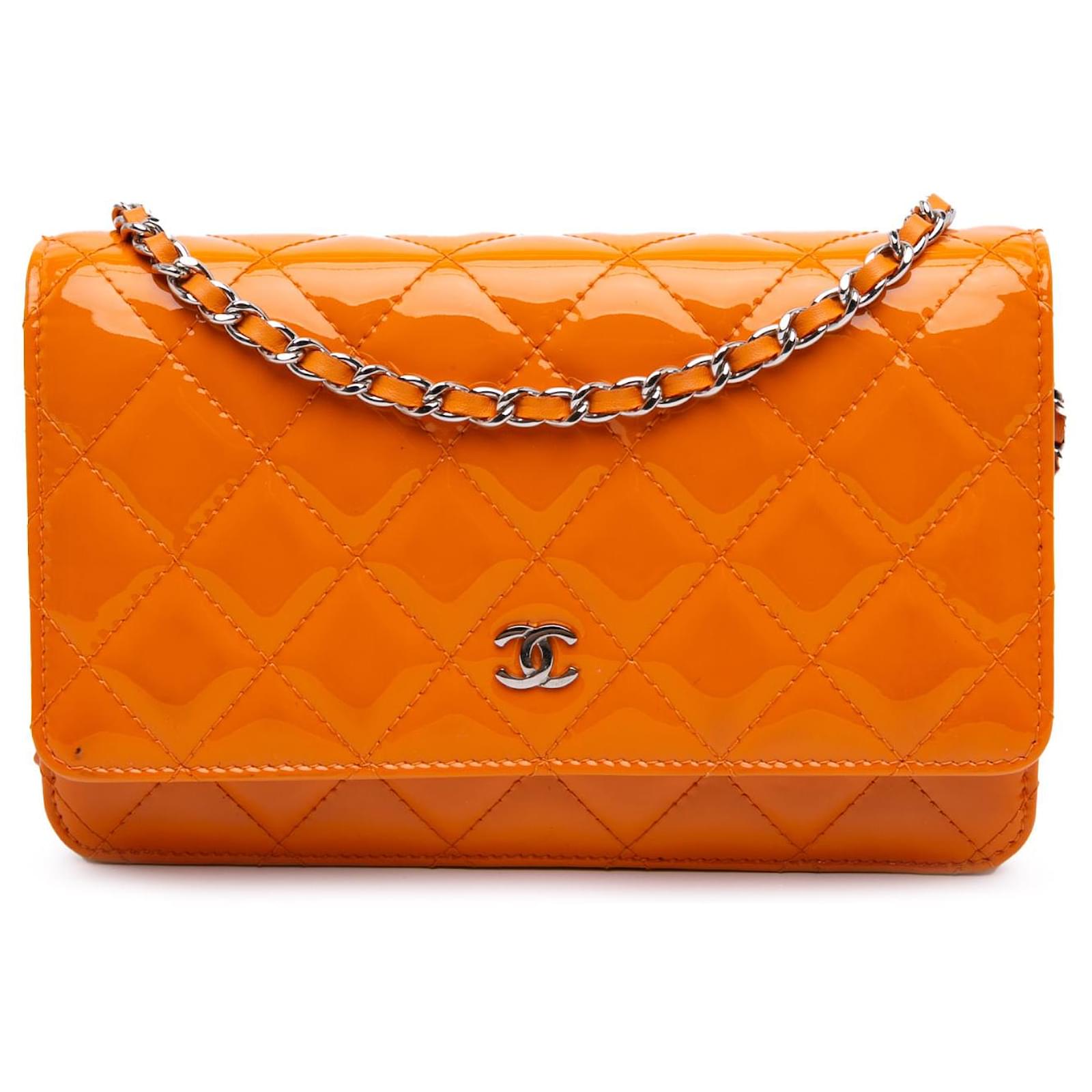 Chanel Orange Classic Patent Wallet On Chain Leather Patent