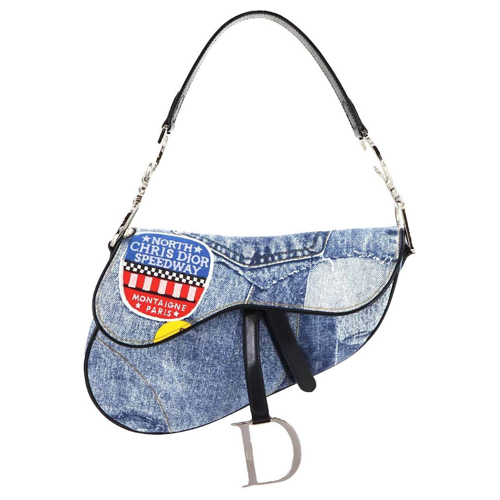 Sac Saddle Christian Dior en denim et cuir Jean Noir Bleu ref
