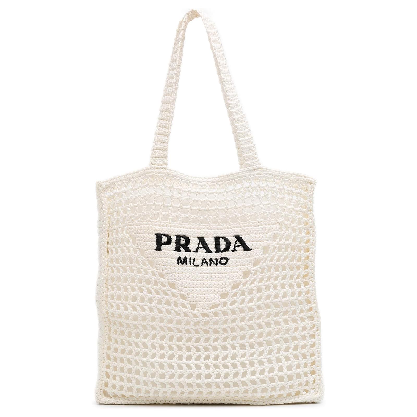 Prada White Raffia Effect Crochet Logo Embroidered Tote ref