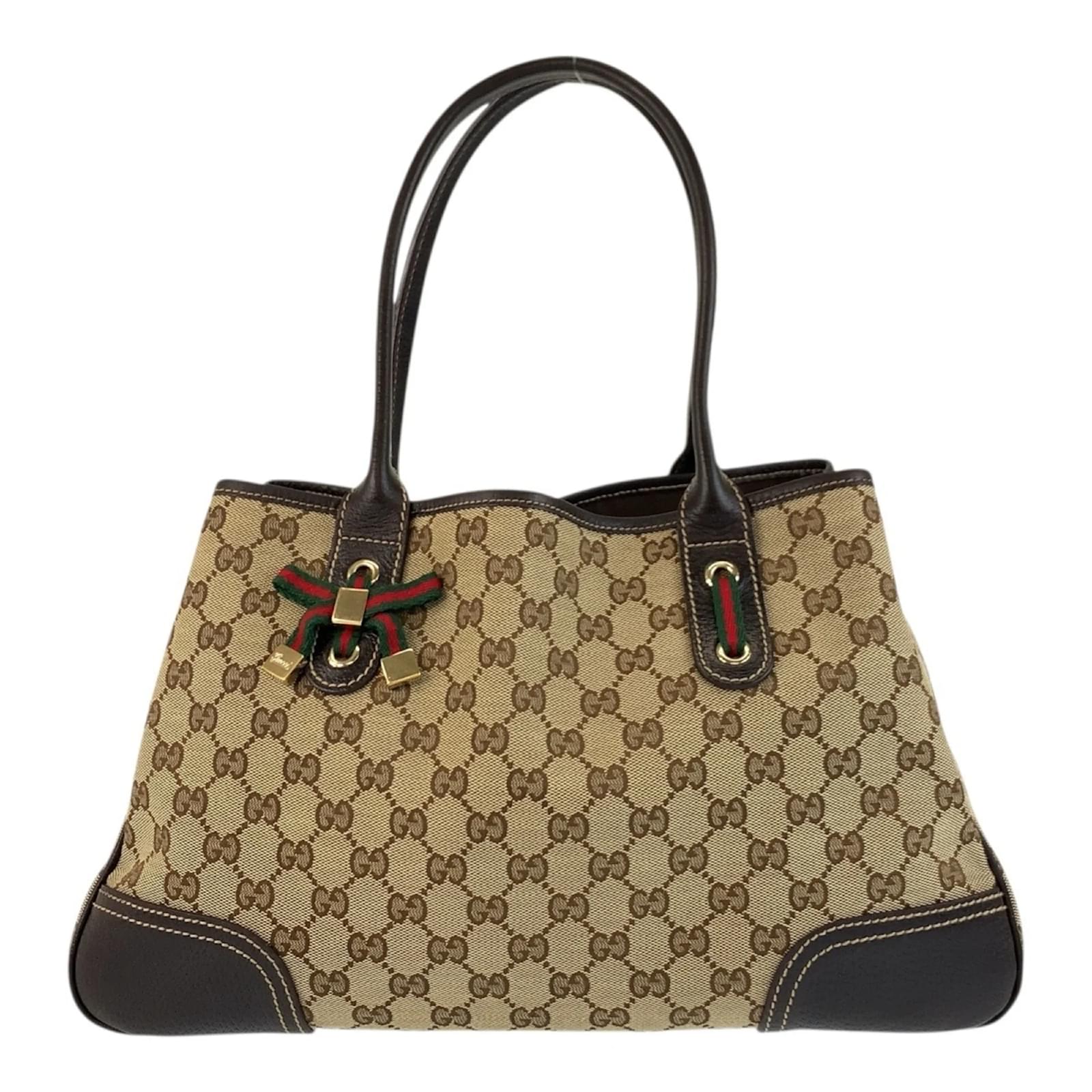 Gucci Prince Shelly Line Tote Bag Brown Beige Leather Cloth