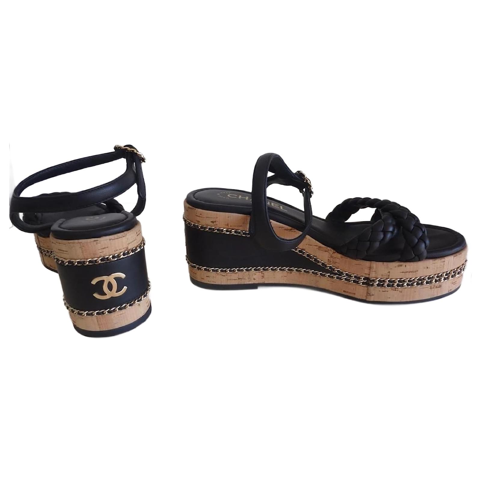 Chanel wedge sandals size 38 Black Leather ref.2246630